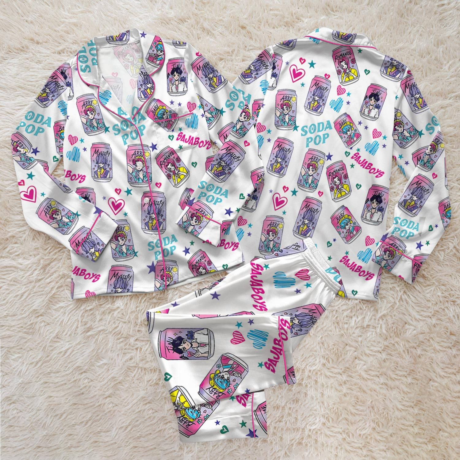 Saja Boys Soda Pop Satin Pajamas Set, 100% You Little Soda Pop Sleepwear, Lover Drinks Loungewear, Coquette Saja Boys Sleepwear