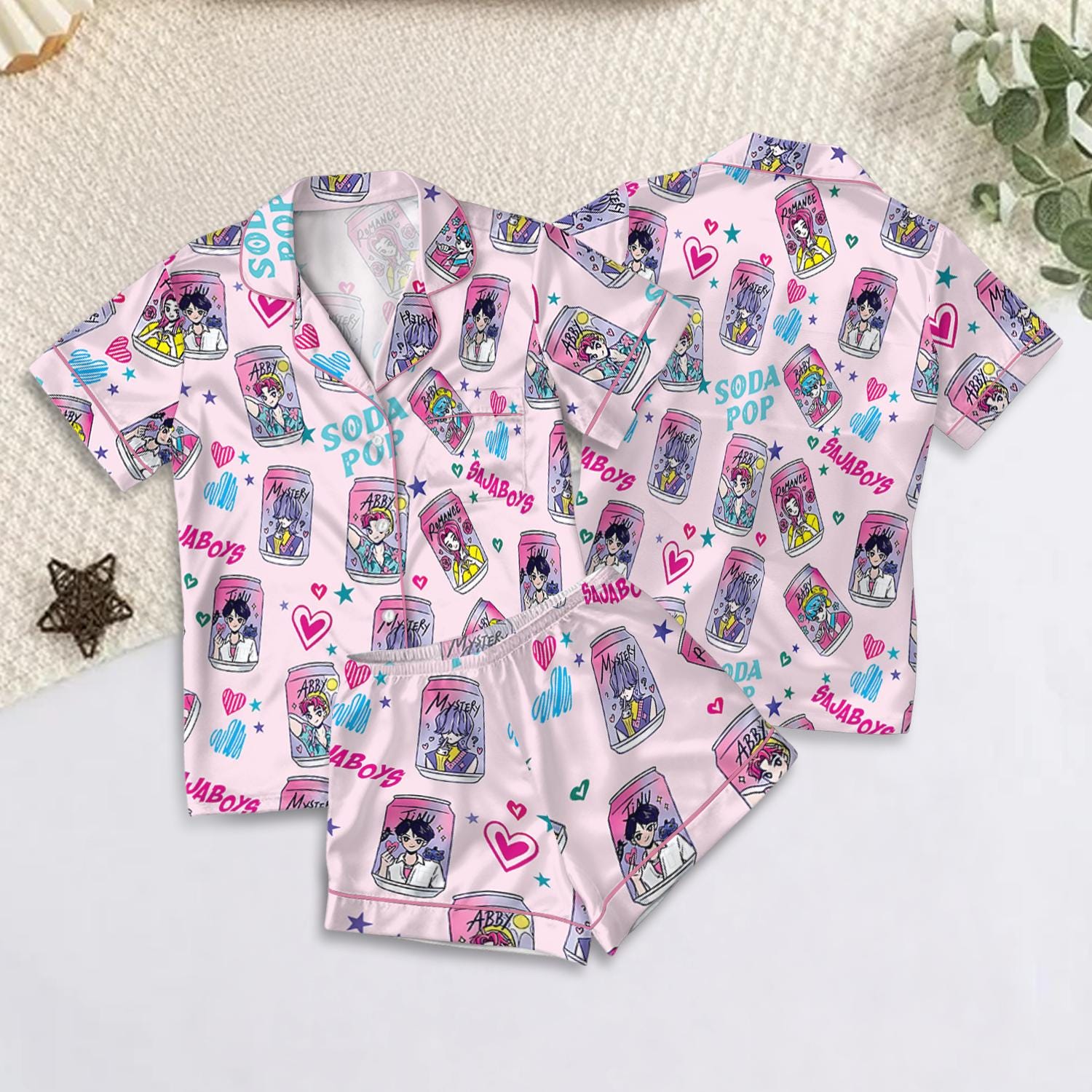Saja Boys Soda Pop Satin Pajamas Set, 100% You Little Soda Pop Sleepwear, Lover Drinks Loungewear, Coquette Saja Boys Sleepwear