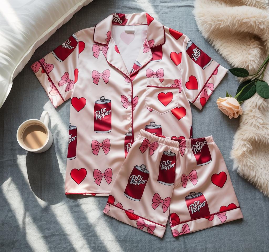 Coquette Dr Pepper Satin Pajamas Set, Dr Pepper Soda Lover Pajamas, Diet Drink Pajamas, Coquette Diet Dr Pepper Sleepwear, Women Pajamas Set