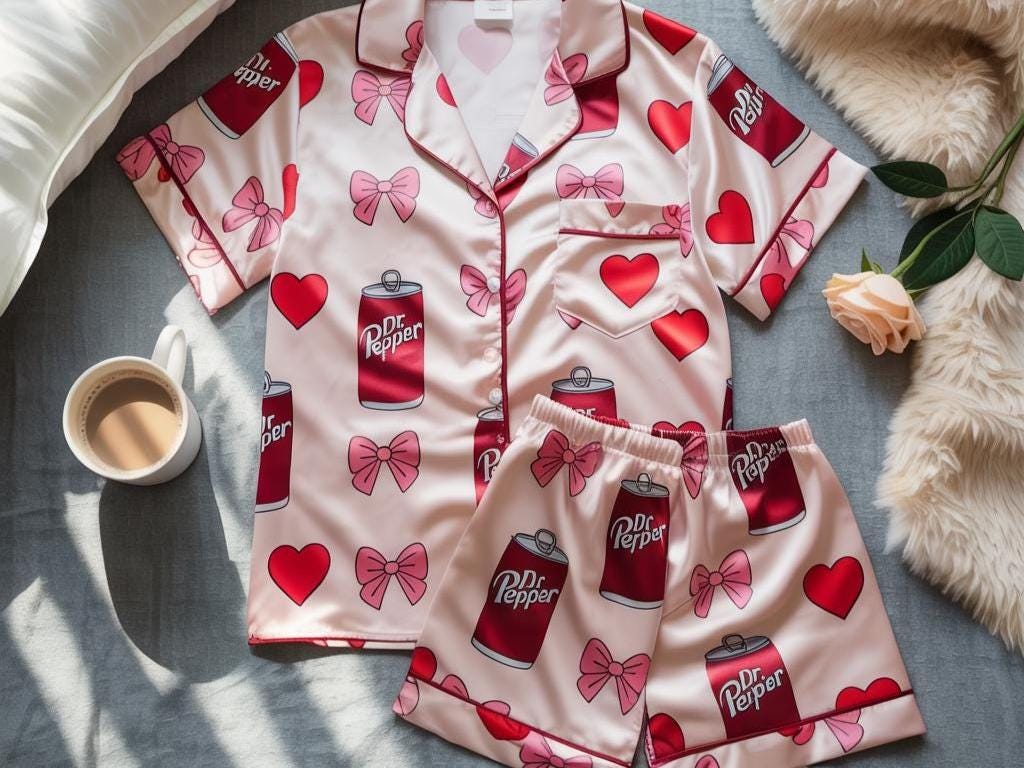 Coquette Dr Pepper Satin Pajamas Set, Dr Pepper Soda Lover Pajamas, Diet Drink Pajamas, Coquette Diet Dr Pepper Sleepwear, Women Pajamas Set