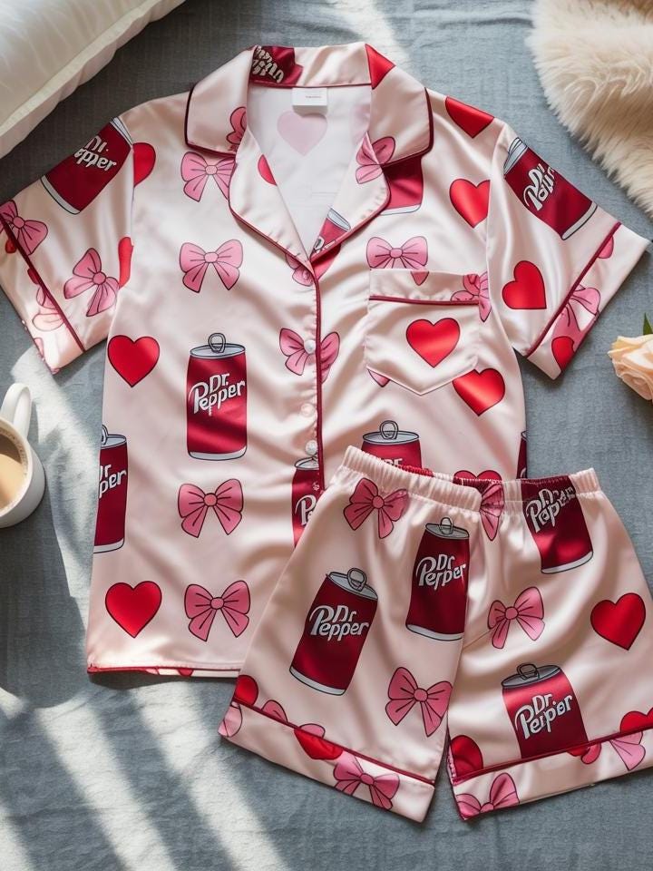 Coquette Dr Pepper Satin Pajamas Set, Dr Pepper Soda Lover Pajamas, Diet Drink Pajamas, Coquette Diet Dr Pepper Sleepwear, Women Pajamas Set