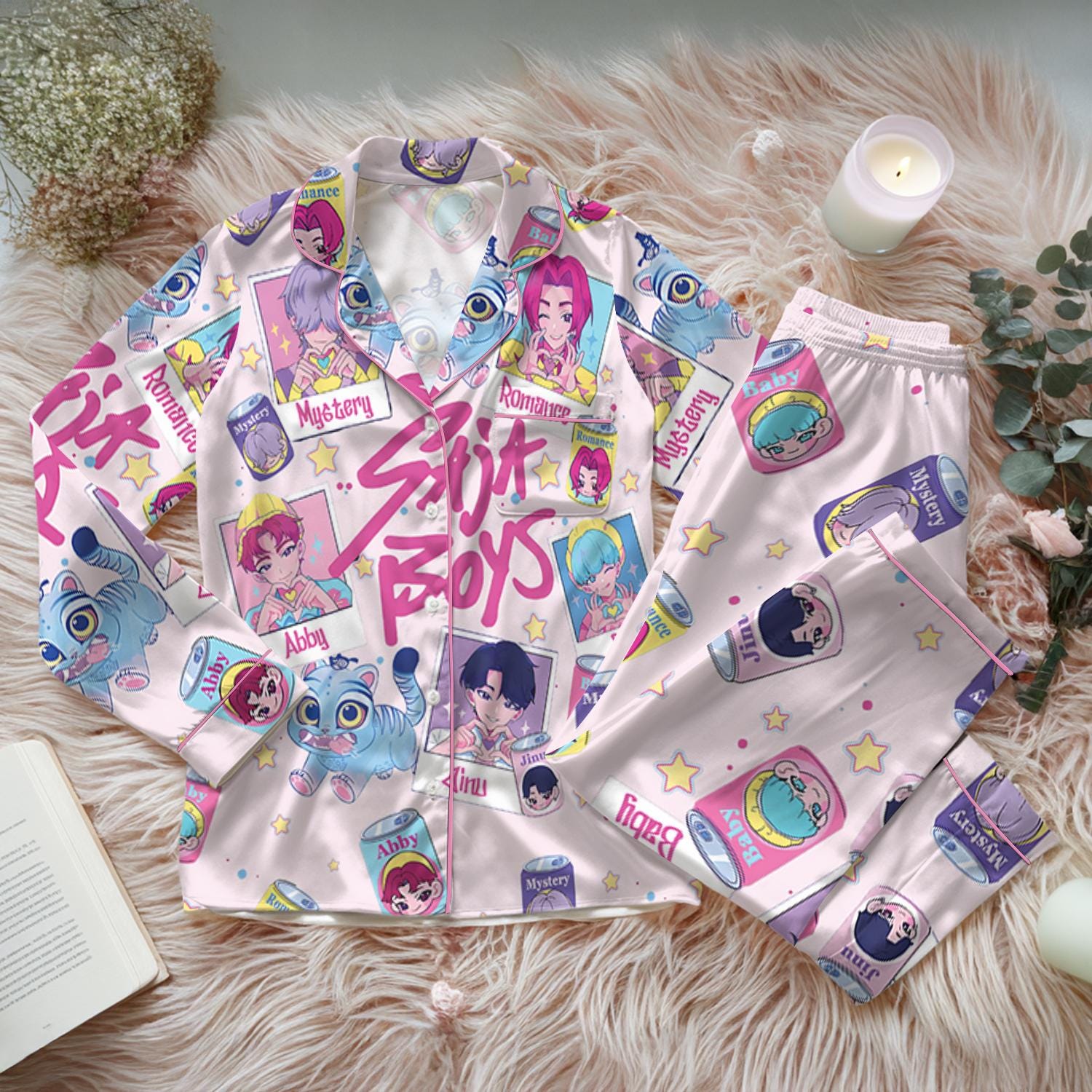 Saja Boys Soda Pop Satin Pajama Set, 100% You Little Soda Pop Sleepwear, KPDH Huntrix PJs, Kpop Movie Hunter Pajamas, Gift for Kpop Fans