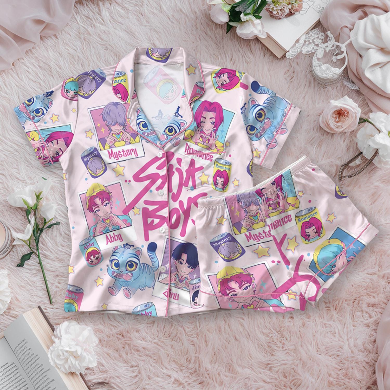 Saja Boys Soda Pop Satin Pajama Set, 100% You Little Soda Pop Sleepwear, KPDH Huntrix PJs, Kpop Movie Hunter Pajamas, Gift for Kpop Fans