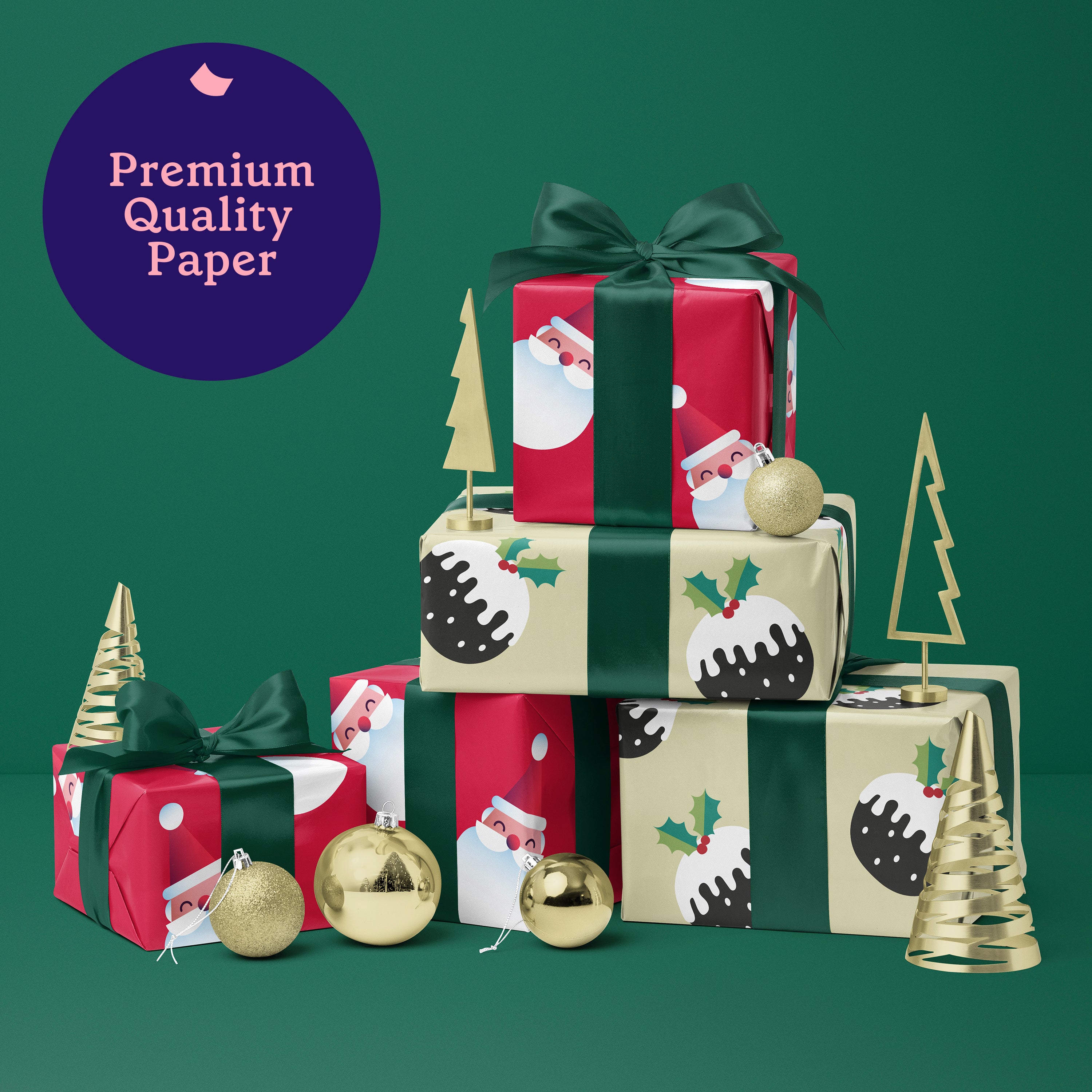 6 Rolls of Santa and Puddings Christmas Wrapping Paper (Each Roll 3M x 70CM)