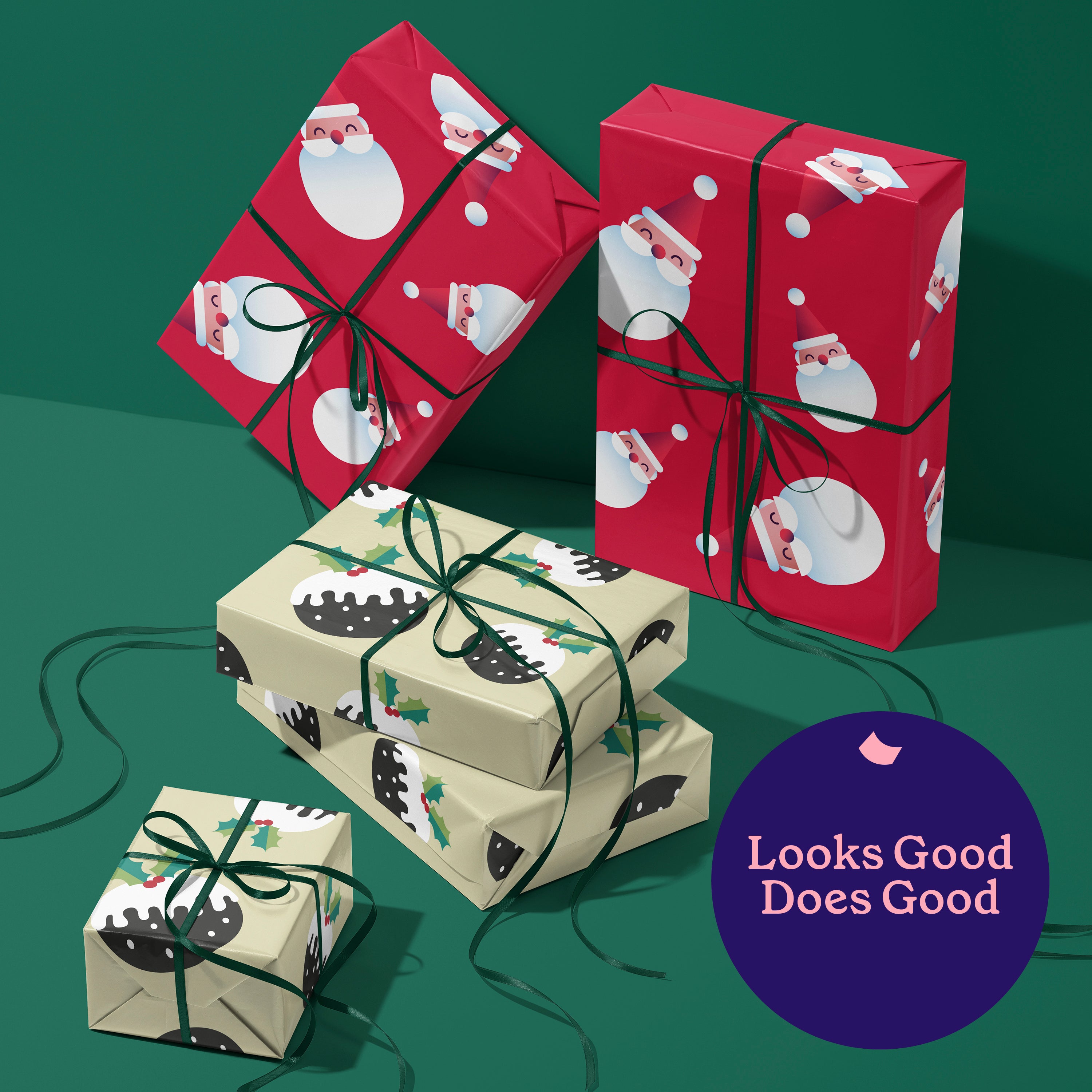 6 Rolls of Santa and Puddings Christmas Wrapping Paper (Each Roll 3M x 70CM)