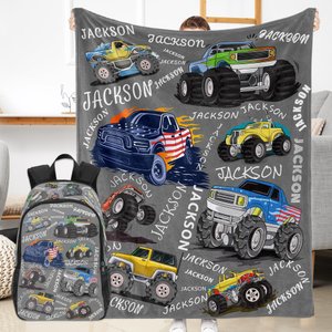 Personalized Monster Trucks Blanket,Boys Truck Blanket,Customized Kids Name Blanket,Toddler Boy Blanket Monster Truck,Birthday Gift for kids