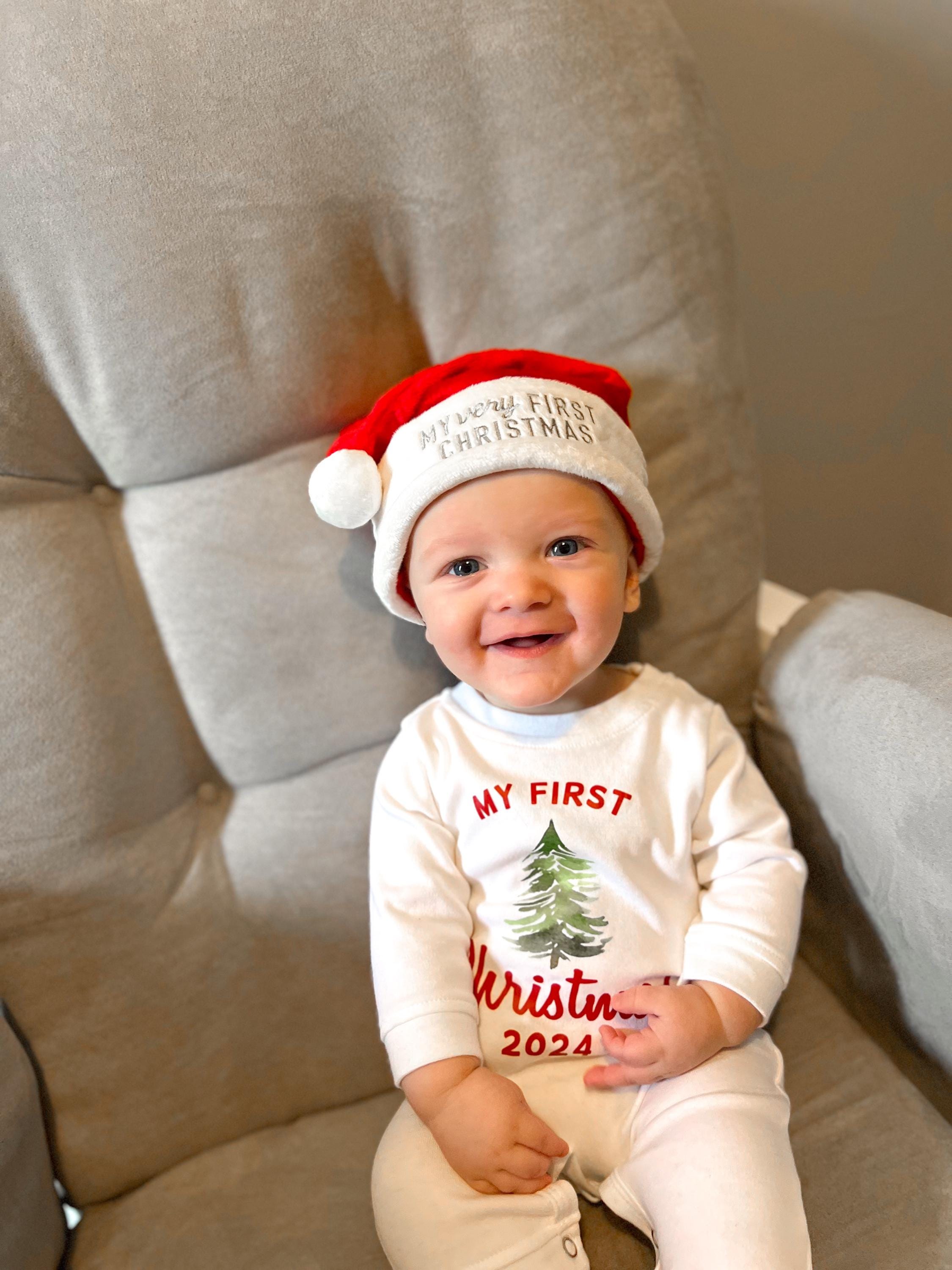 Baby 1st Christmas Romper. My 1st Christmas Outfit with Santa Hat. Personalized Newborn White Long Sleeve Romper. Baby Boy or Baby Girl