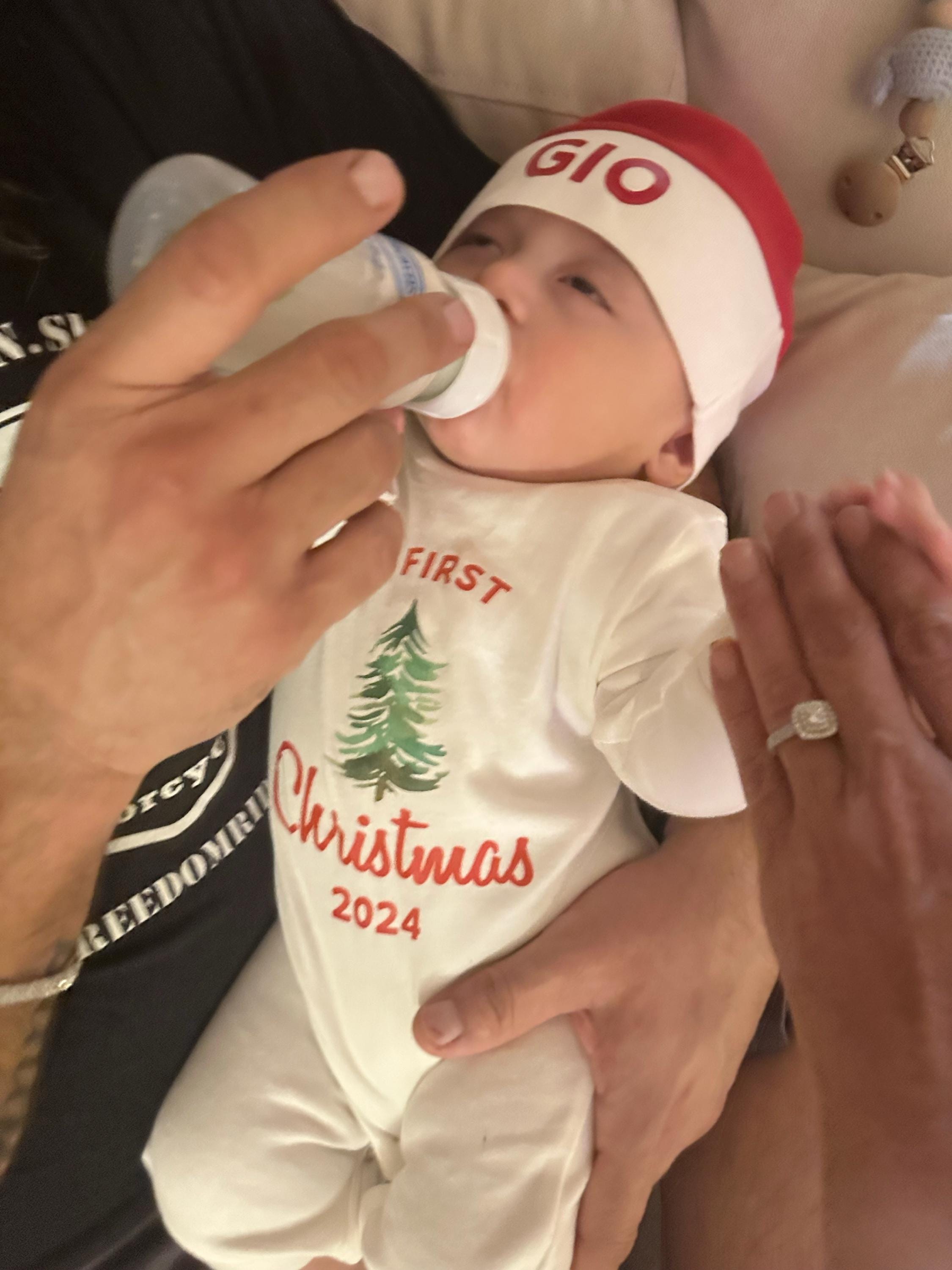 Baby 1st Christmas Romper. My 1st Christmas Outfit with Santa Hat. Personalized Newborn White Long Sleeve Romper. Baby Boy or Baby Girl
