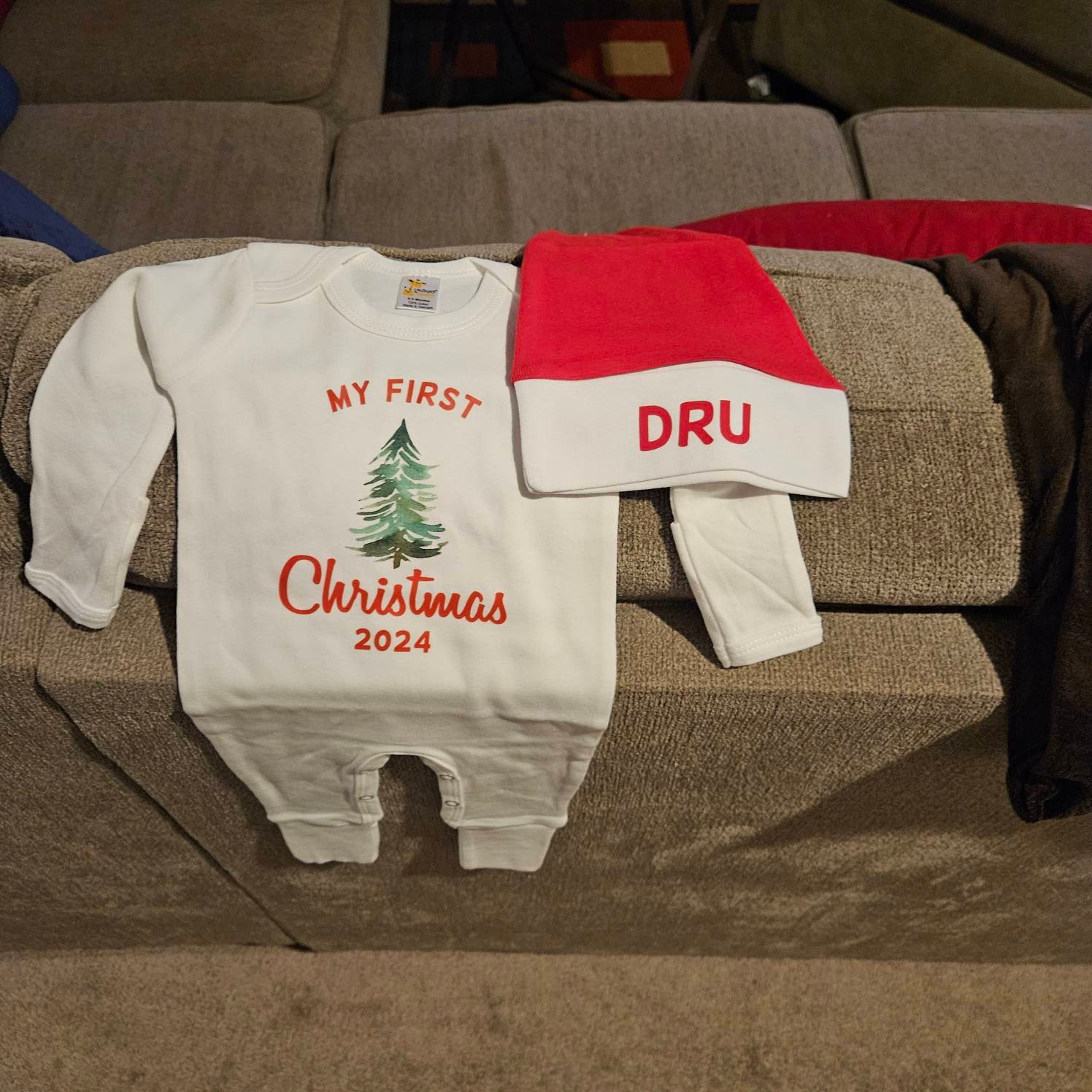 Baby 1st Christmas Romper. My 1st Christmas Outfit with Santa Hat. Personalized Newborn White Long Sleeve Romper. Baby Boy or Baby Girl