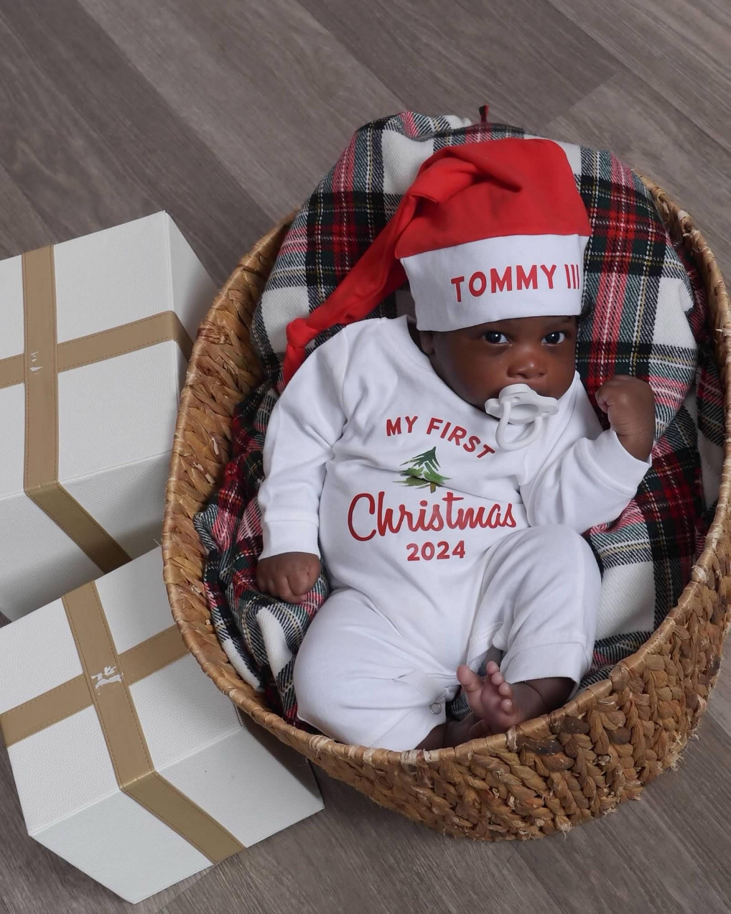 Baby 1st Christmas Romper. My 1st Christmas Outfit with Santa Hat. Personalized Newborn White Long Sleeve Romper. Baby Boy or Baby Girl