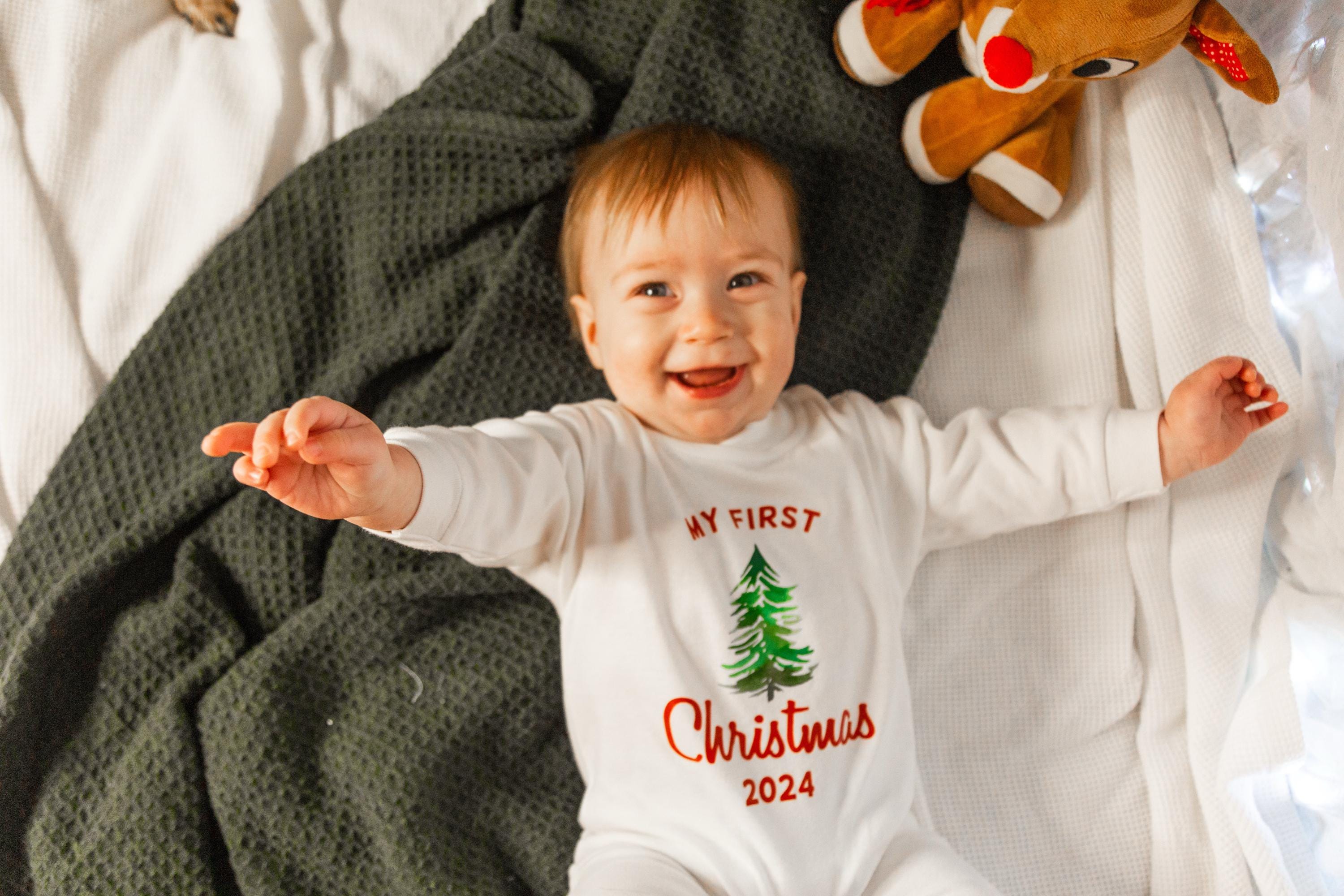 Baby 1st Christmas Romper. My 1st Christmas Outfit with Santa Hat. Personalized Newborn White Long Sleeve Romper. Baby Boy or Baby Girl