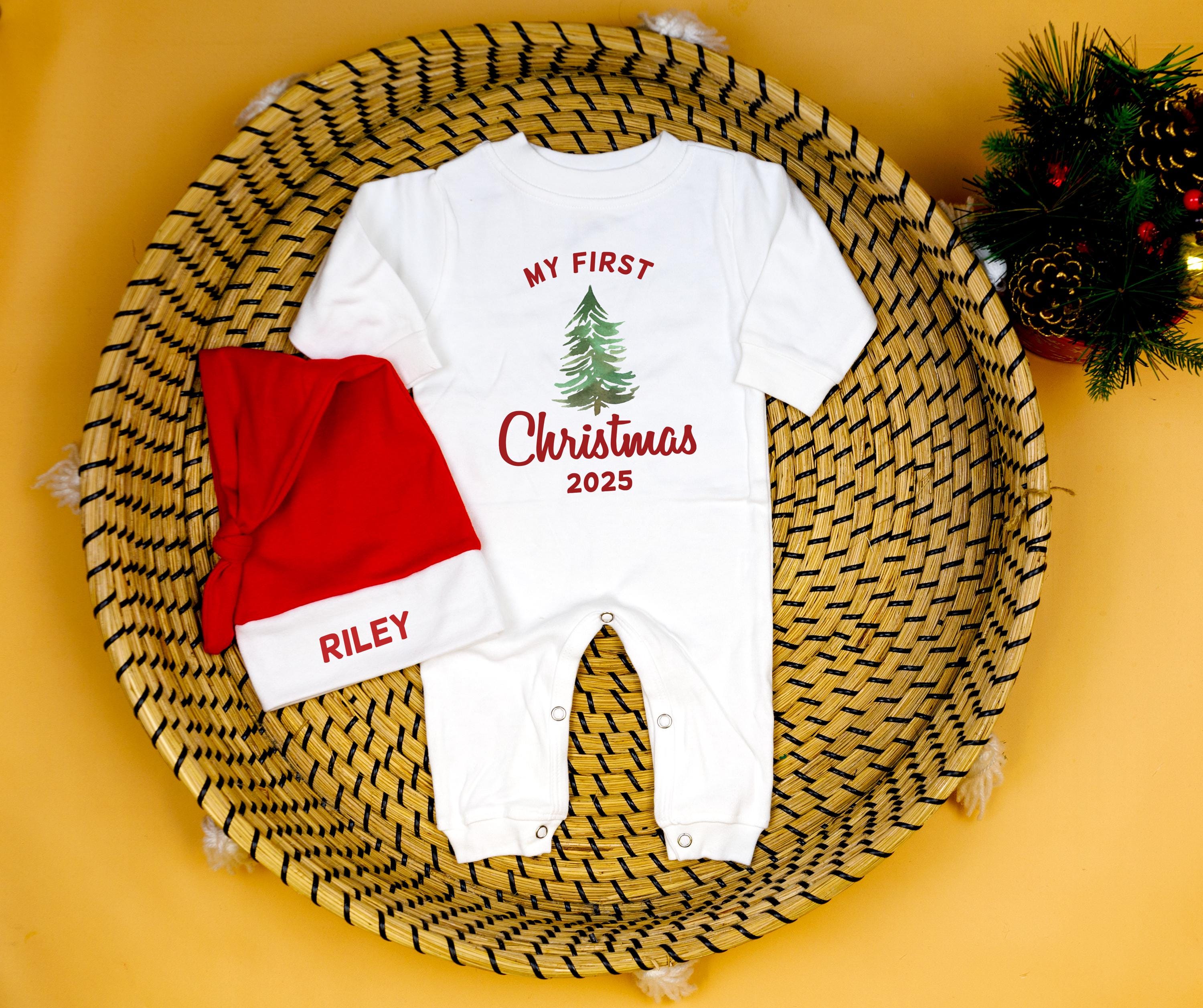 Baby 1st Christmas Romper. My 1st Christmas Outfit with Santa Hat. Personalized Newborn White Long Sleeve Romper. Baby Boy or Baby Girl