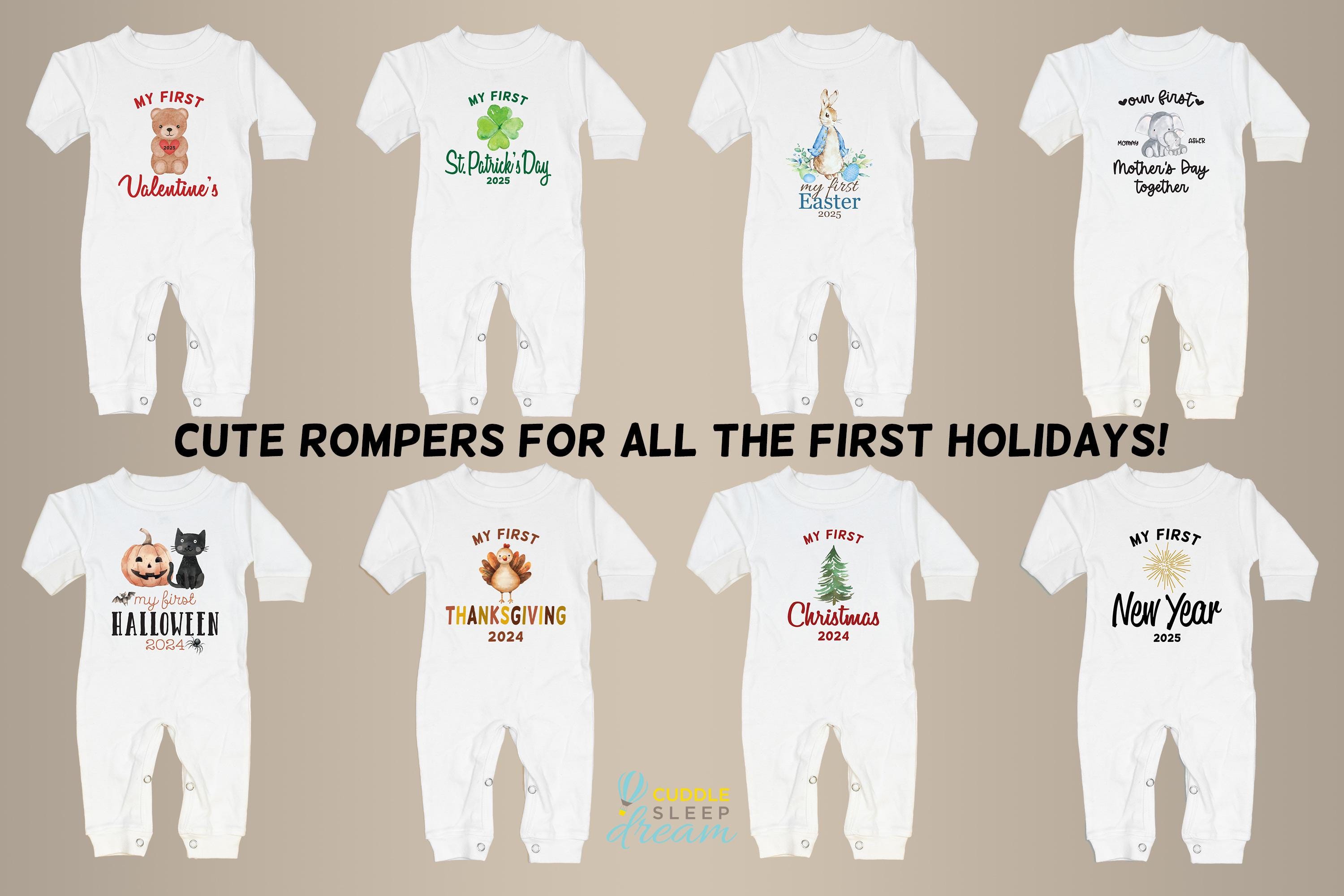 Baby 1st Christmas Romper. My 1st Christmas Outfit with Santa Hat. Personalized Newborn White Long Sleeve Romper. Baby Boy or Baby Girl