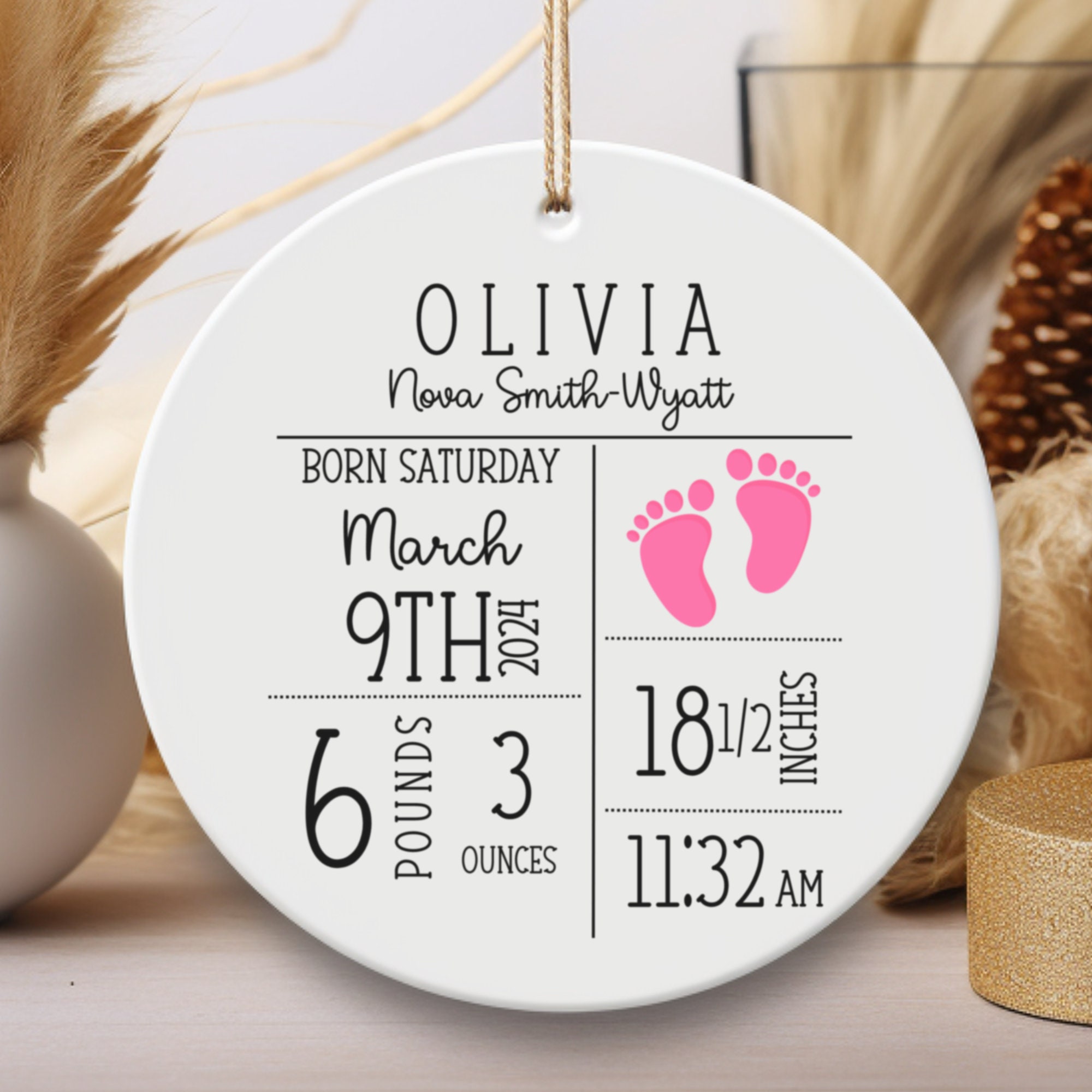 Personalized Birth Announcement Ornament, Custom Newborn Baby Birth Stats Keepsake, Customized Baby Shower Gift, Nursery Decor Present