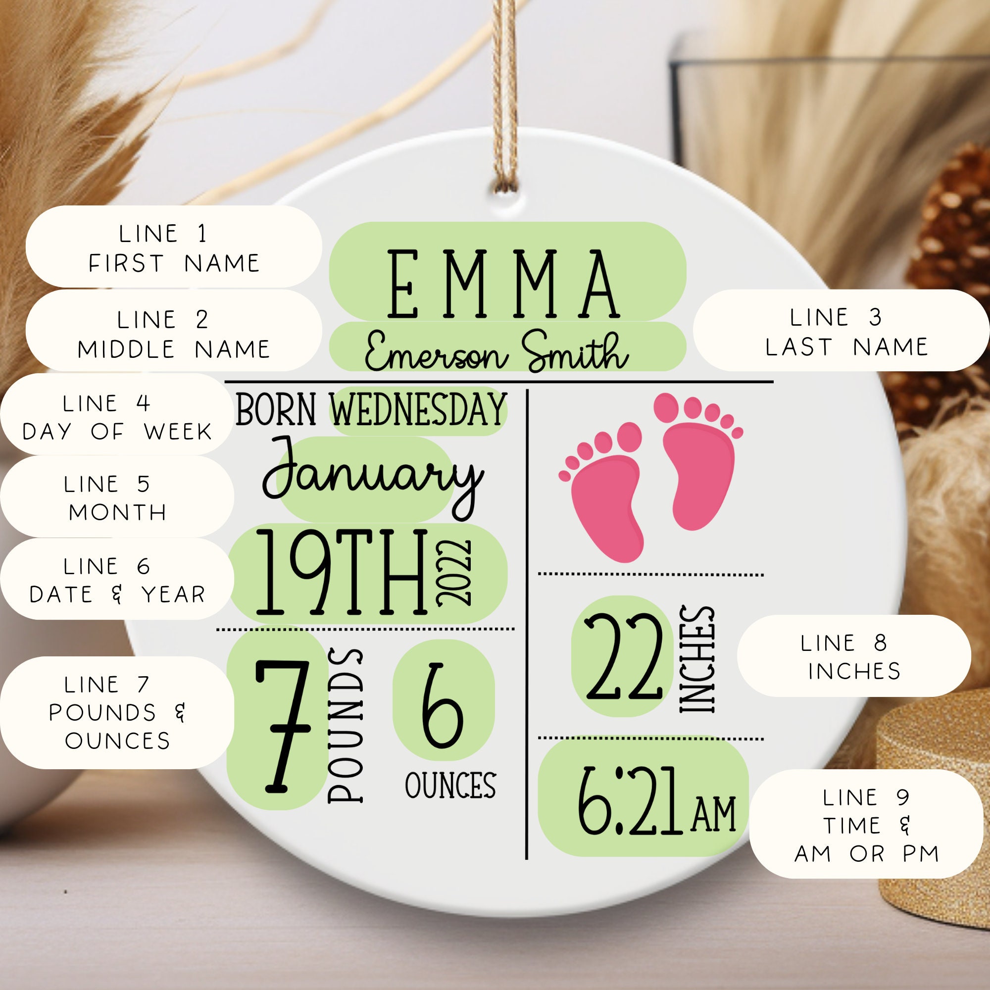 Personalized Birth Announcement Ornament, Custom Newborn Baby Birth Stats Keepsake, Customized Baby Shower Gift, Nursery Decor Present