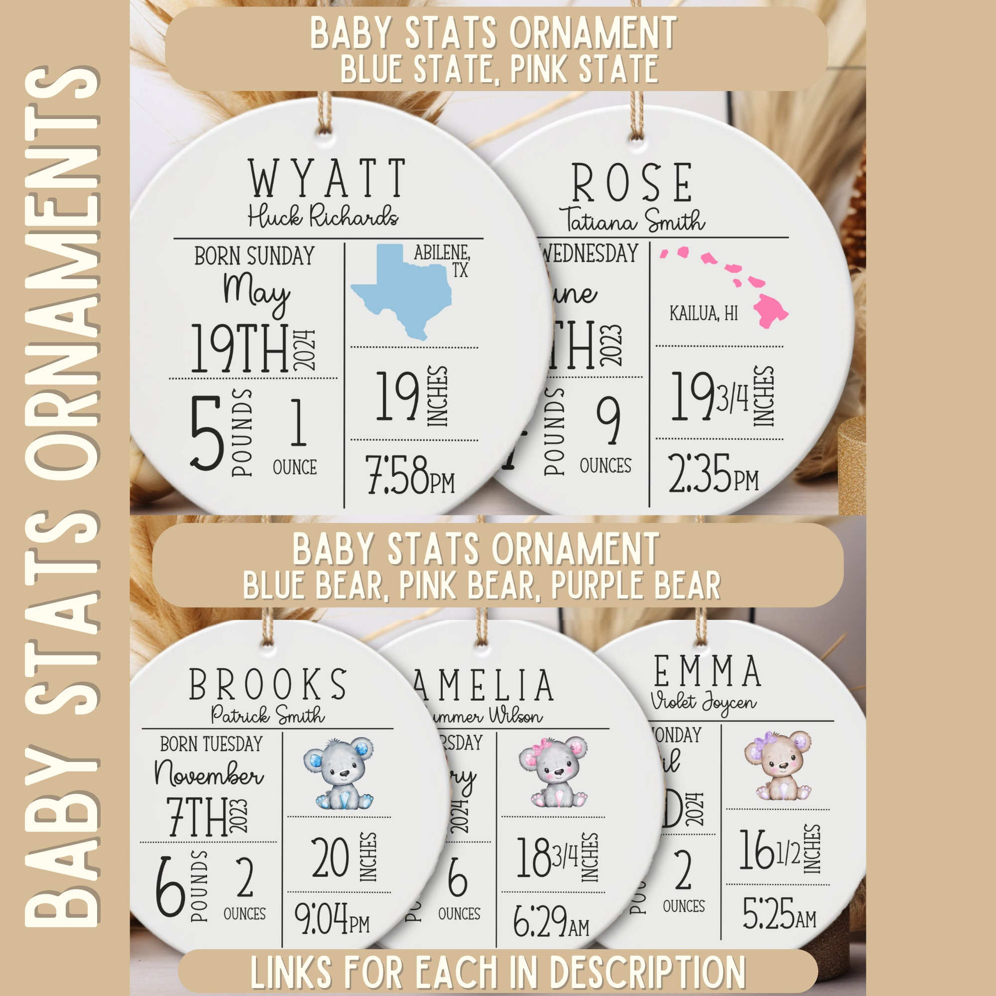 Personalized Birth Announcement Ornament, Custom Newborn Baby Birth Stats Keepsake, Customized Baby Shower Gift, Nursery Decor Present