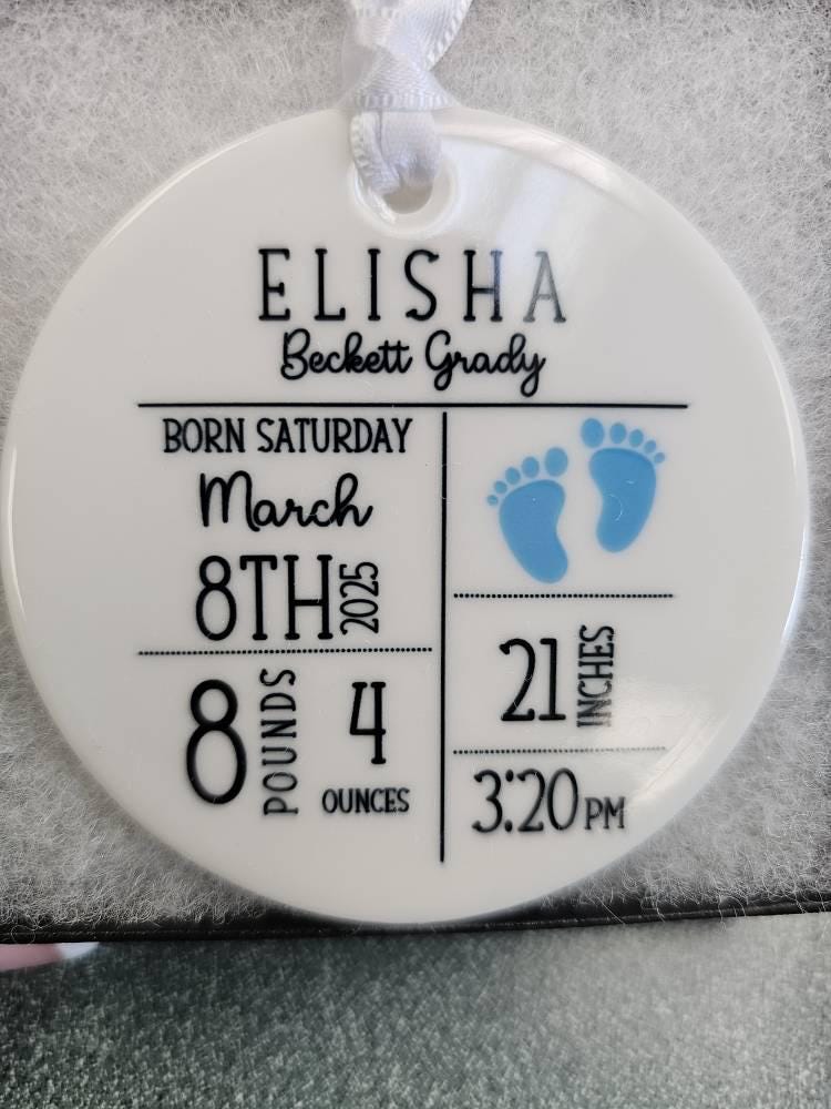 Personalized Birth Announcement Ornament, Custom Newborn Baby Birth Stats Keepsake, Customized Baby Shower Gift, Nursery Decor Present