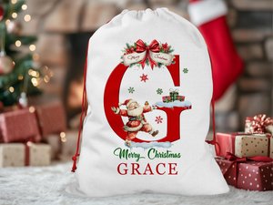 Santa sack for kids and children add name initial | personalised Christmas present bag |  custom Xmas stocking for gifts