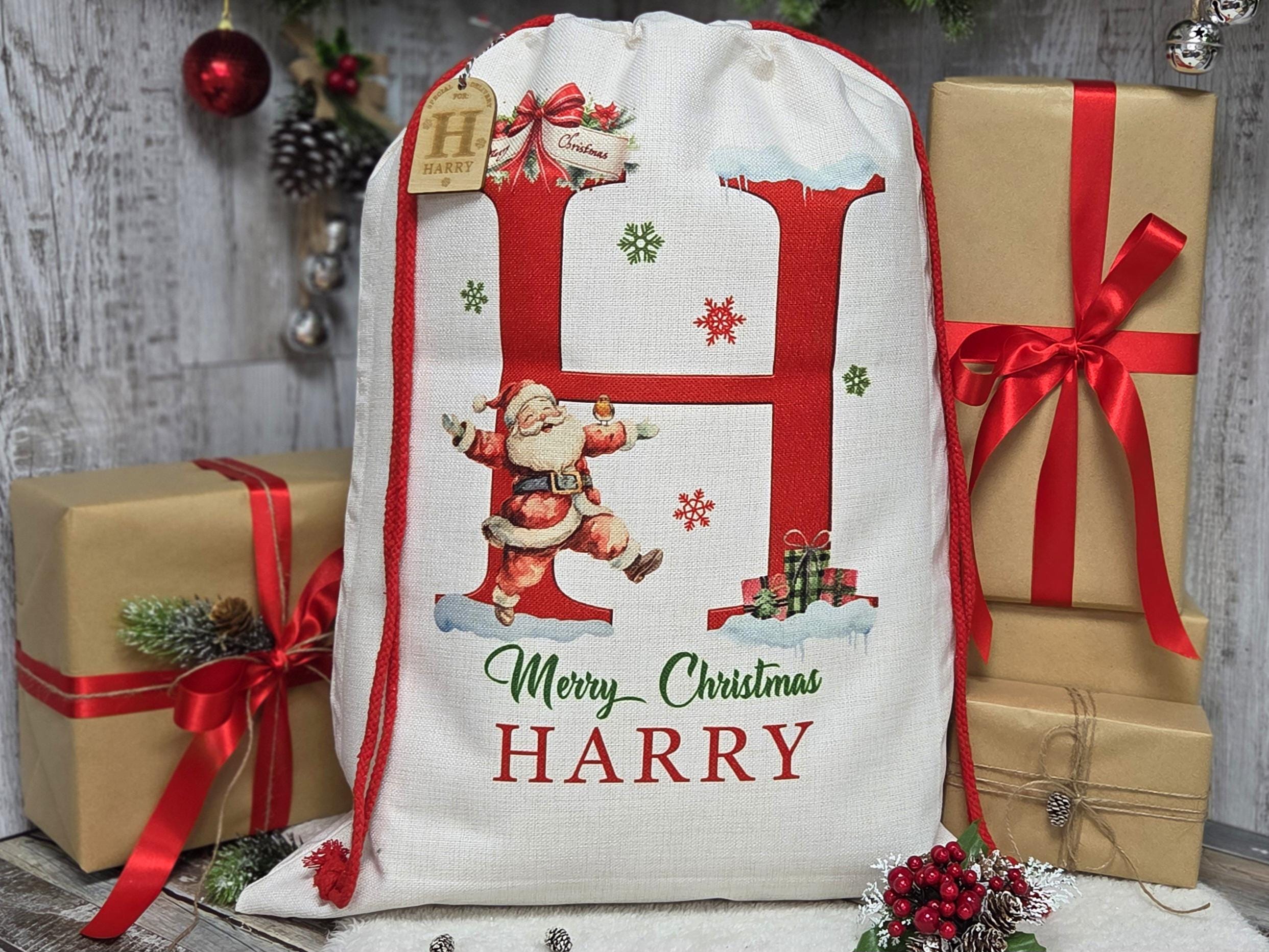 Santa sack for kids and children add name initial | personalised Christmas present bag |  custom Xmas stocking for gifts