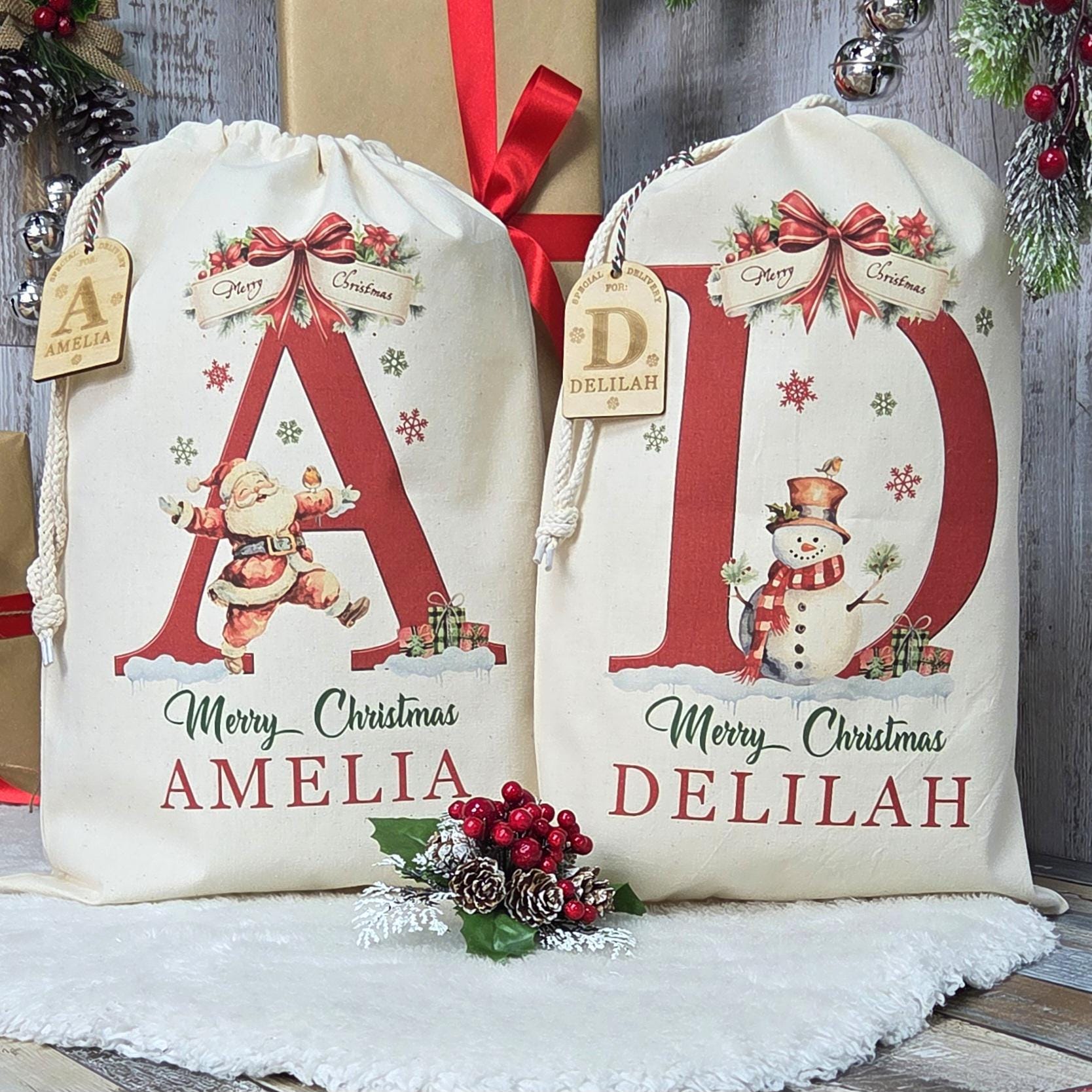 Santa sack for kids and children add name initial | personalised Christmas present bag |  custom Xmas stocking for gifts