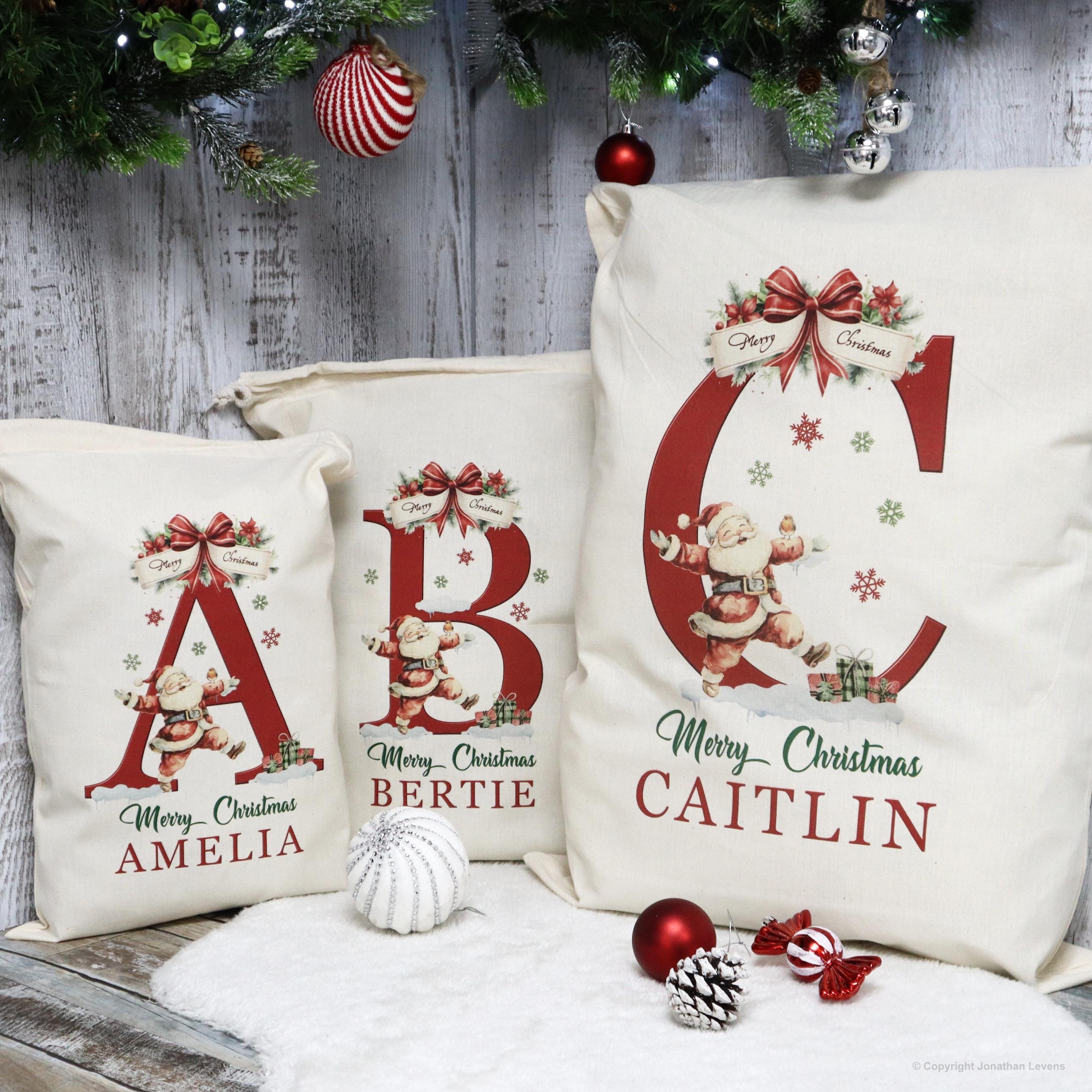 Santa sack for kids and children add name initial | personalised Christmas present bag |  custom Xmas stocking for gifts