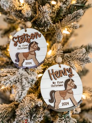 rocking horse Christmas ornament, personalized Christmas ornament, my first Christmas, western gift, baby’s first Christmas, 2025 ornament