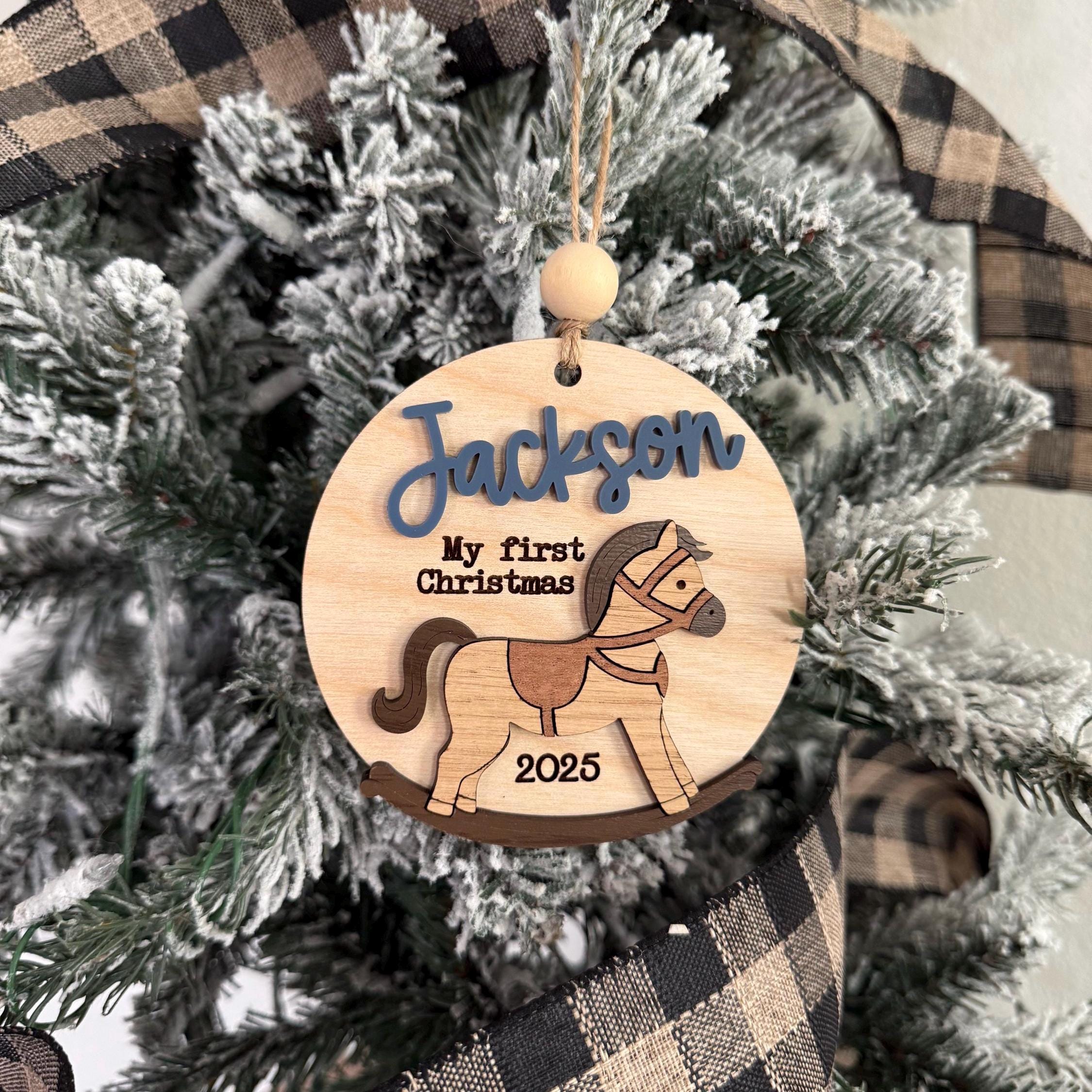 rocking horse Christmas ornament, personalized Christmas ornament, my first Christmas, western gift, baby’s first Christmas, 2025 ornament