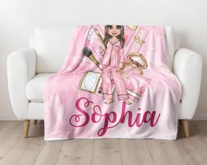 Personalised Make Up Blanket | Make Up Gift | Pink Makeup Fleece Blanket |Comfort Blanket| Gift to teen daughter | Choose your own character