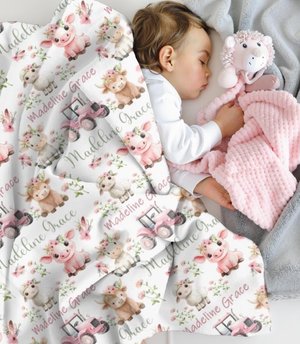 Baby Farm Animals Minky Blanket - Custom Name Newborn Swaddle (Pink Tractor/Pig/Cow/Sheep)