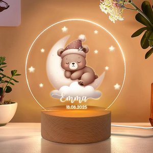 Personalized Moon and Stars Cute Animal LED Night Light-Custom Name and Date, Kids Room Decoration, Birthday, Christmas and Christening Gift