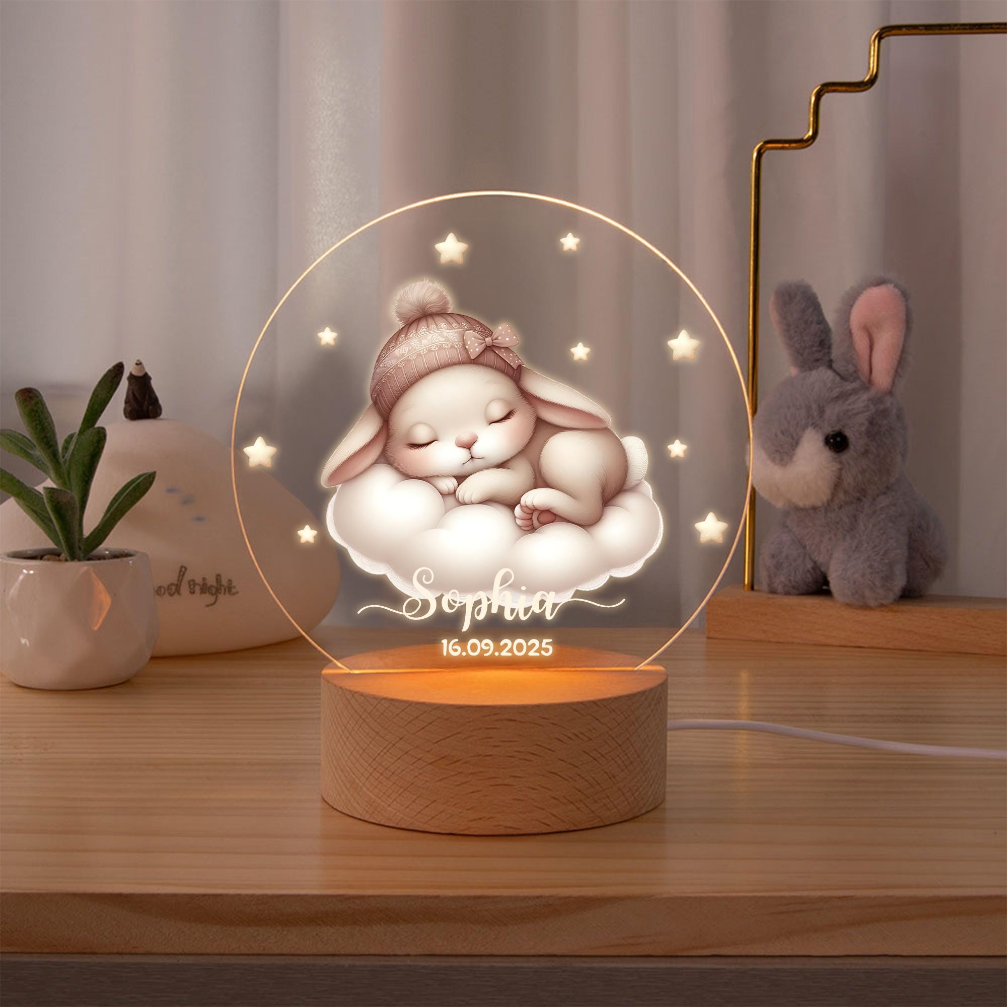 Personalized Moon and Stars Cute Animal LED Night Light-Custom Name and Date, Kids Room Decoration, Birthday, Christmas and Christening Gift