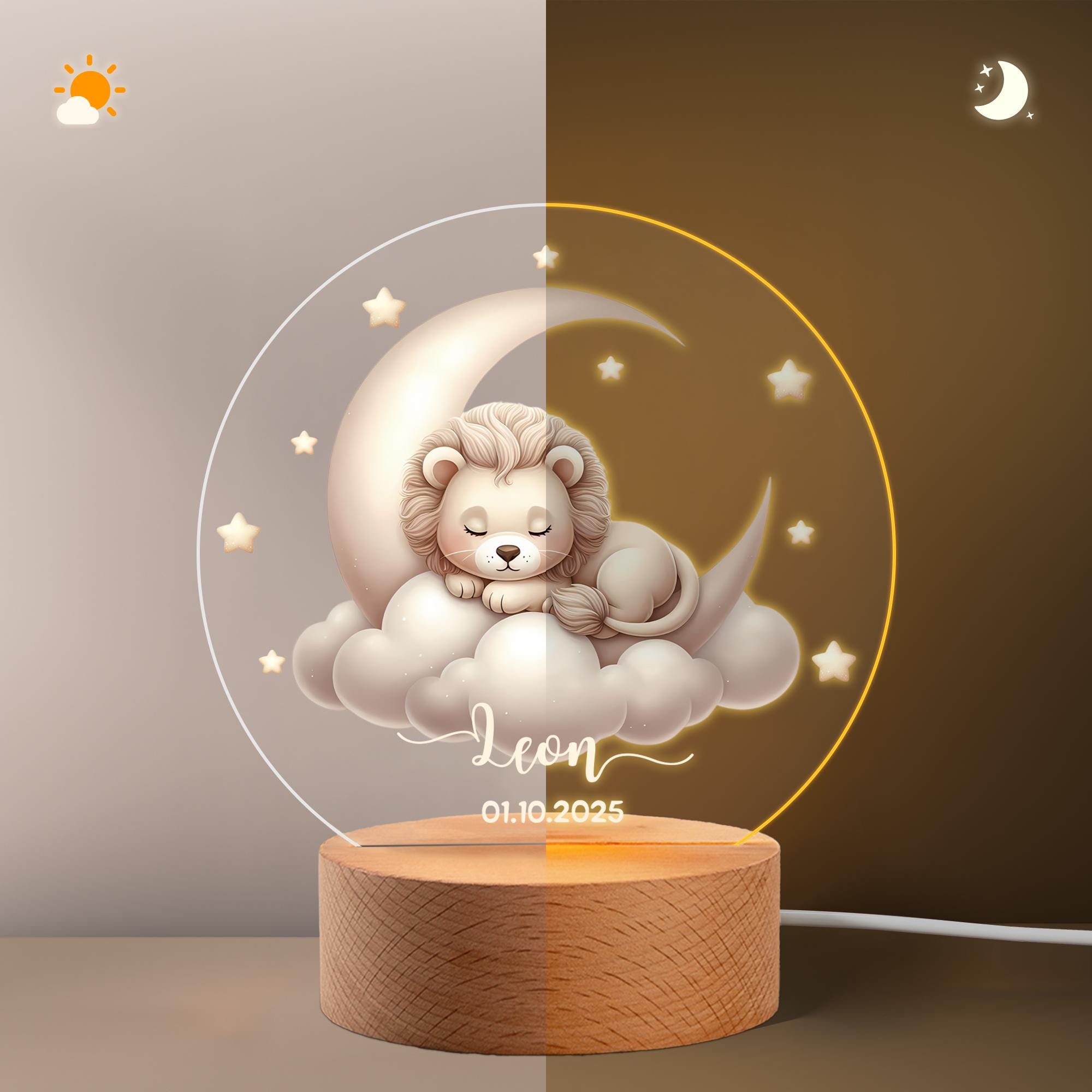Personalized Moon and Stars Cute Animal LED Night Light-Custom Name and Date, Kids Room Decoration, Birthday, Christmas and Christening Gift