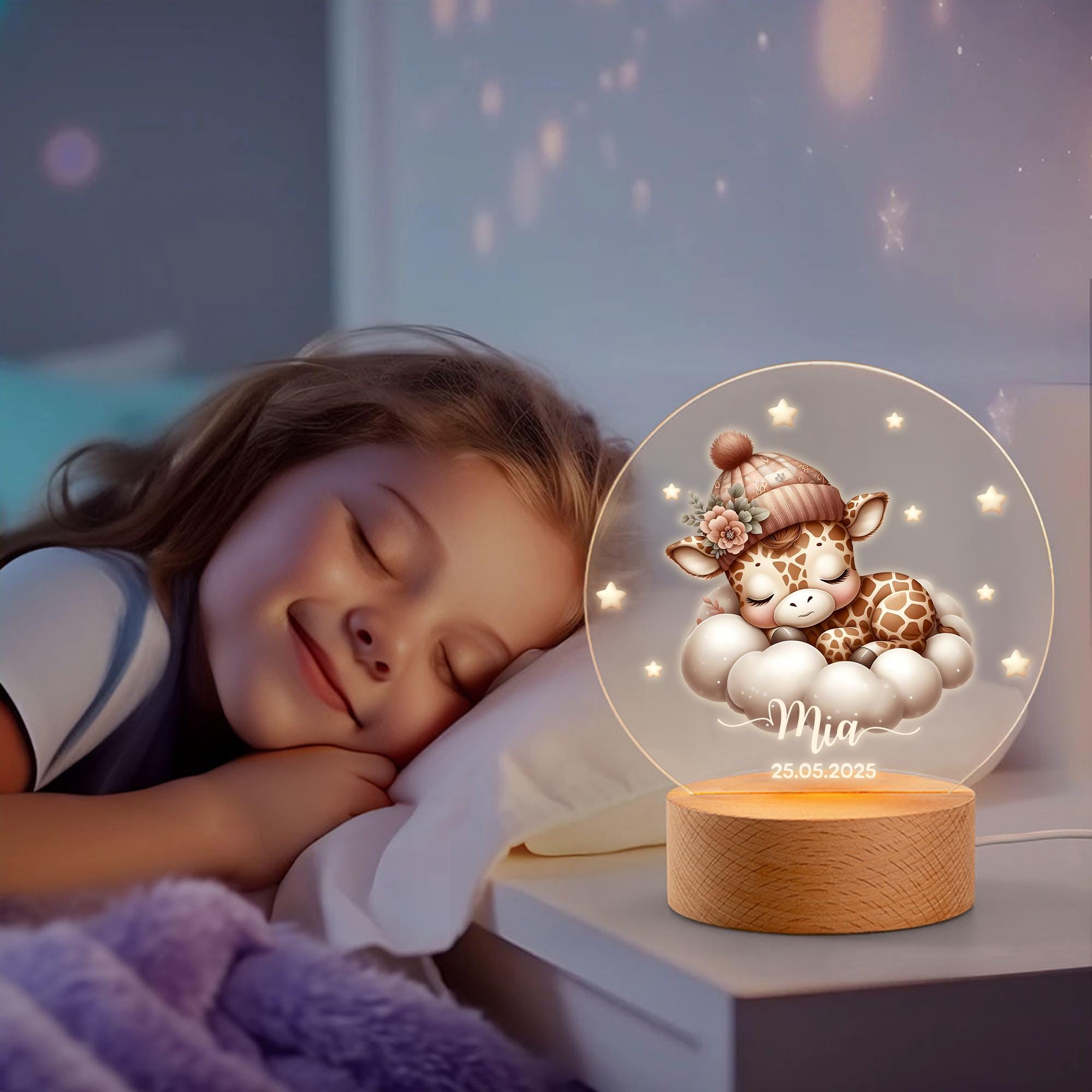 Personalized Moon and Stars Cute Animal LED Night Light-Custom Name and Date, Kids Room Decoration, Birthday, Christmas and Christening Gift