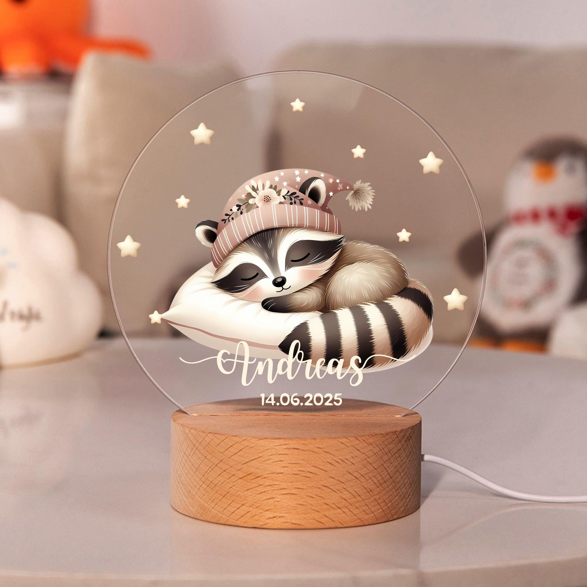 Personalized Moon and Stars Cute Animal LED Night Light-Custom Name and Date, Kids Room Decoration, Birthday, Christmas and Christening Gift