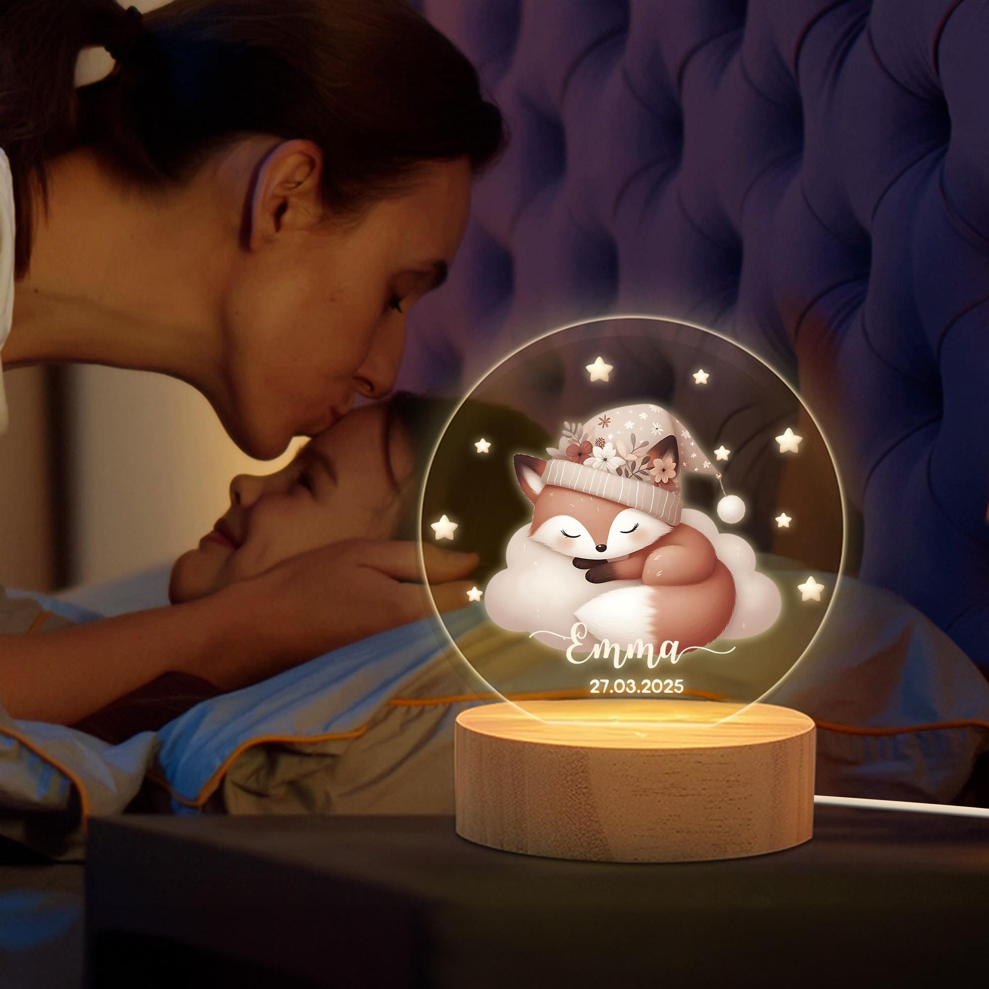 Personalized Moon and Stars Cute Animal LED Night Light-Custom Name and Date, Kids Room Decoration, Birthday, Christmas and Christening Gift