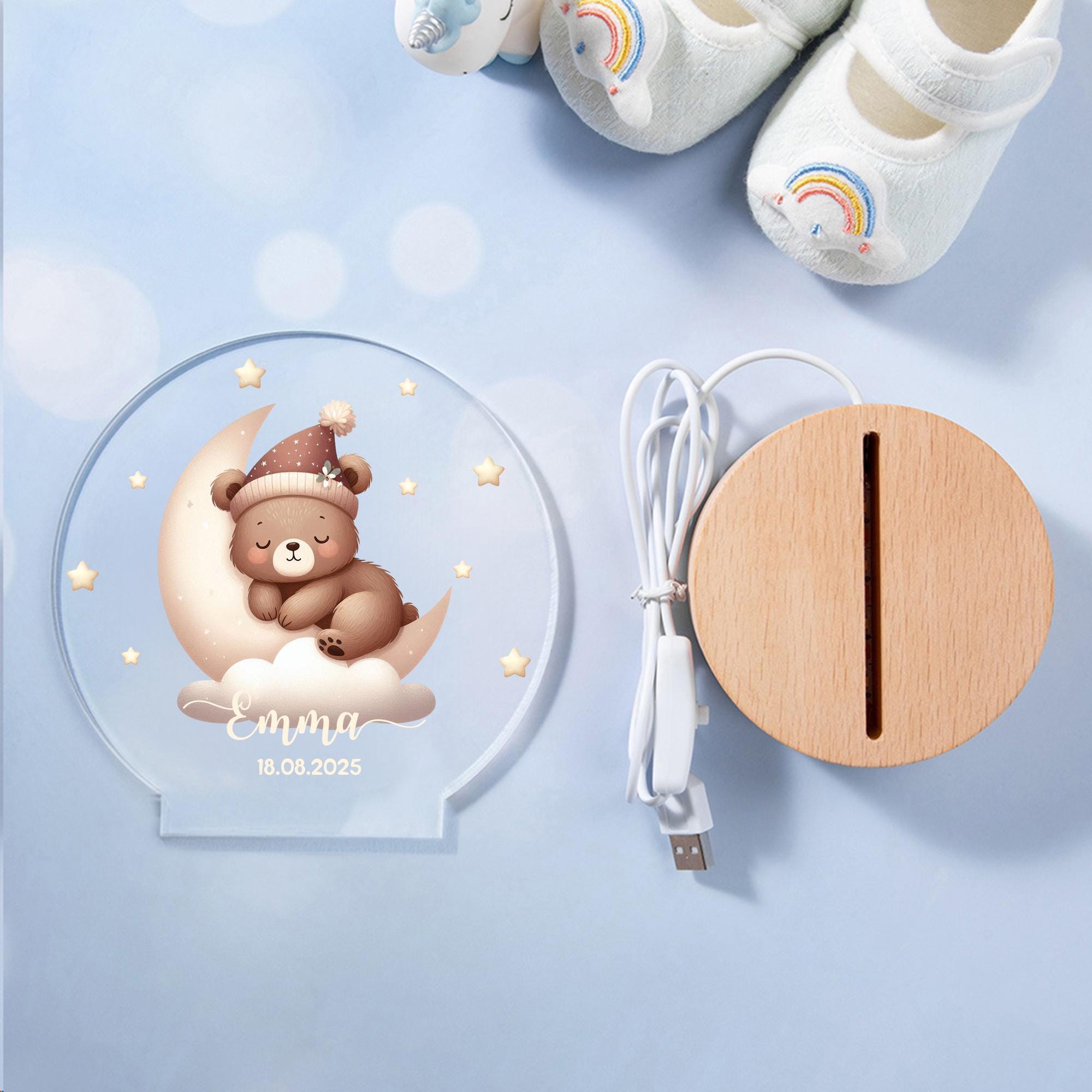 Personalized Moon and Stars Cute Animal LED Night Light-Custom Name and Date, Kids Room Decoration, Birthday, Christmas and Christening Gift