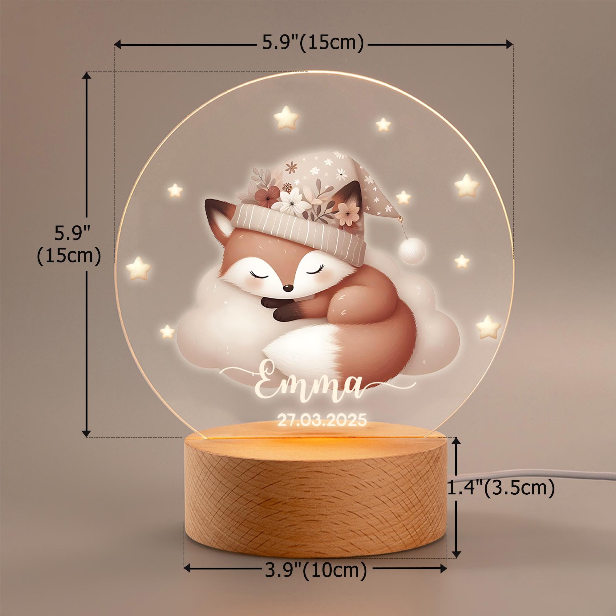 Personalized Moon and Stars Cute Animal LED Night Light-Custom Name and Date, Kids Room Decoration, Birthday, Christmas and Christening Gift