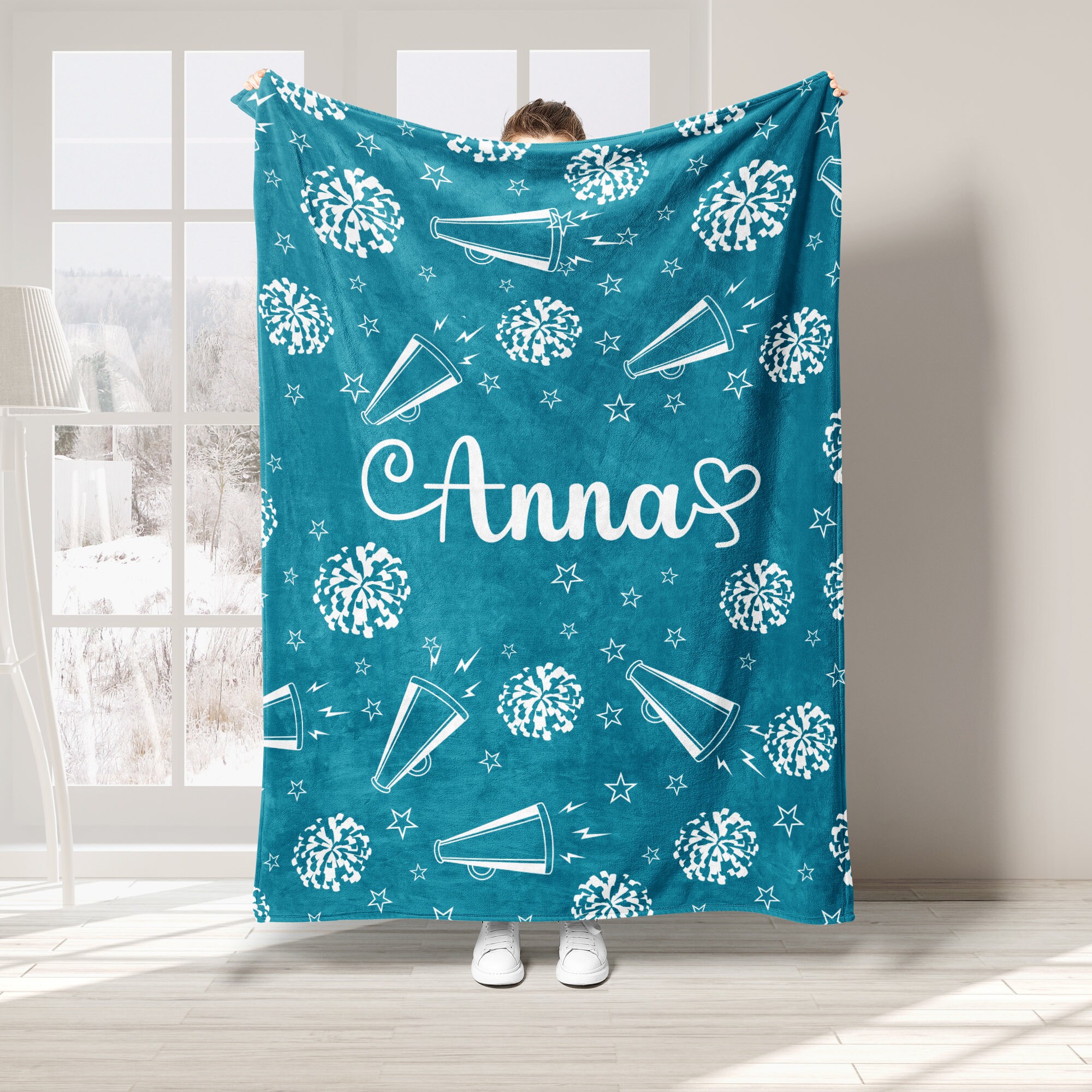 Personalized Cheerleading Blanket, Custom Name Soft Cozy Sherpa Fleece Throw Blankets, Sport Gift for Cheerleader, Daughter, Cheer Team