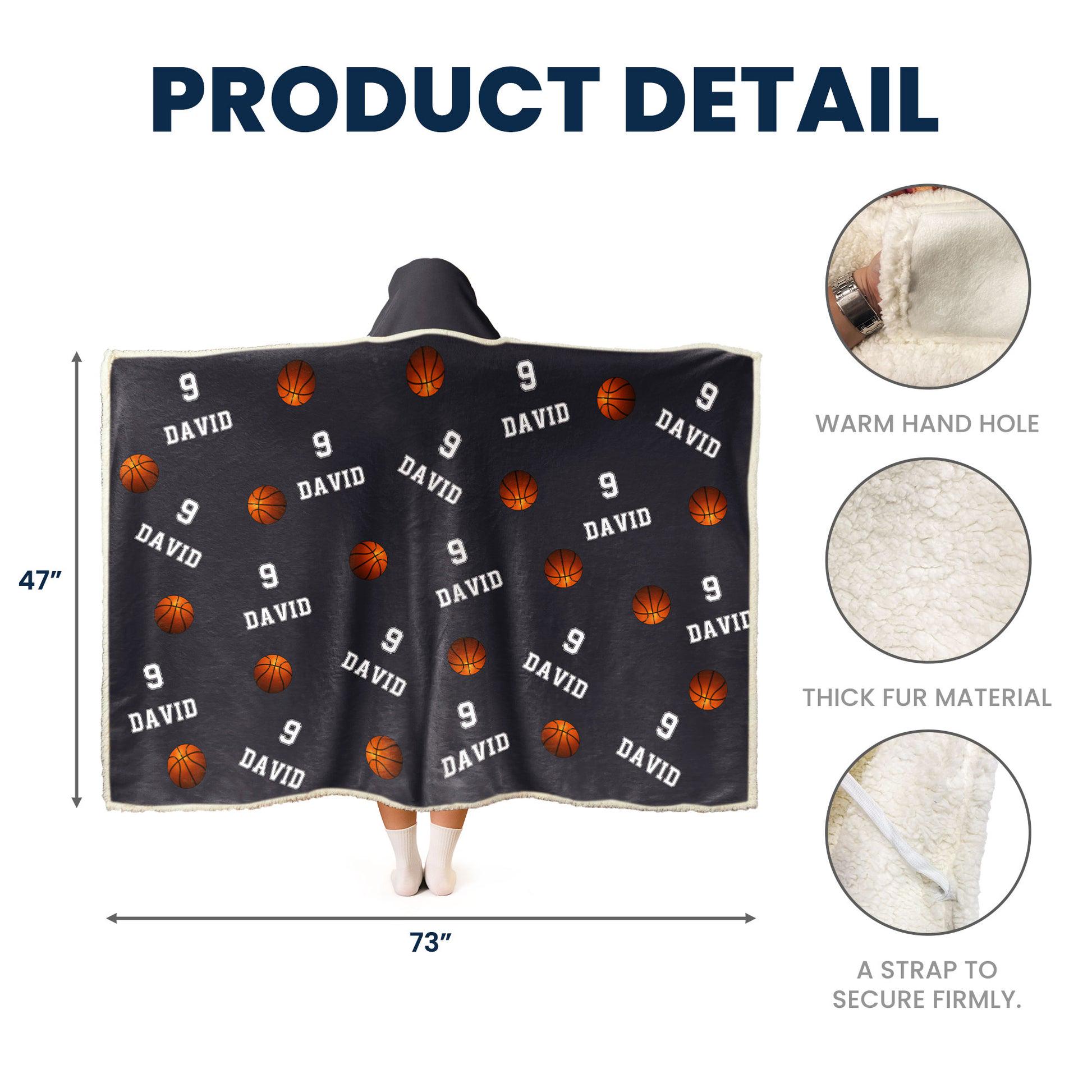 Personalized Wearable Hooded Blanket Basketball, Custom Number And Name, Warm Gift For Basketball Player Basketball Team Basketball Mom