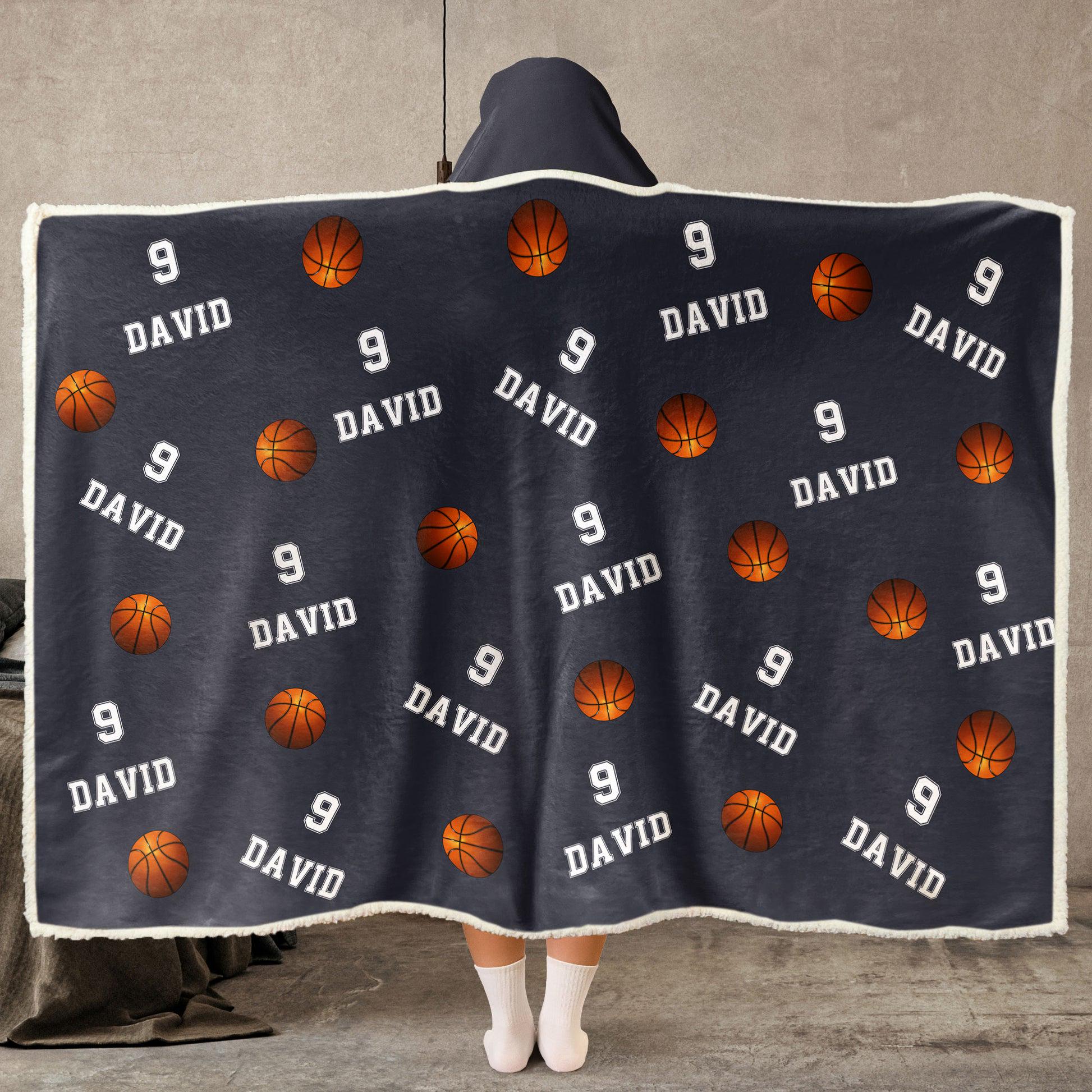 Personalized Wearable Hooded Blanket Basketball, Custom Number And Name, Warm Gift For Basketball Player Basketball Team Basketball Mom