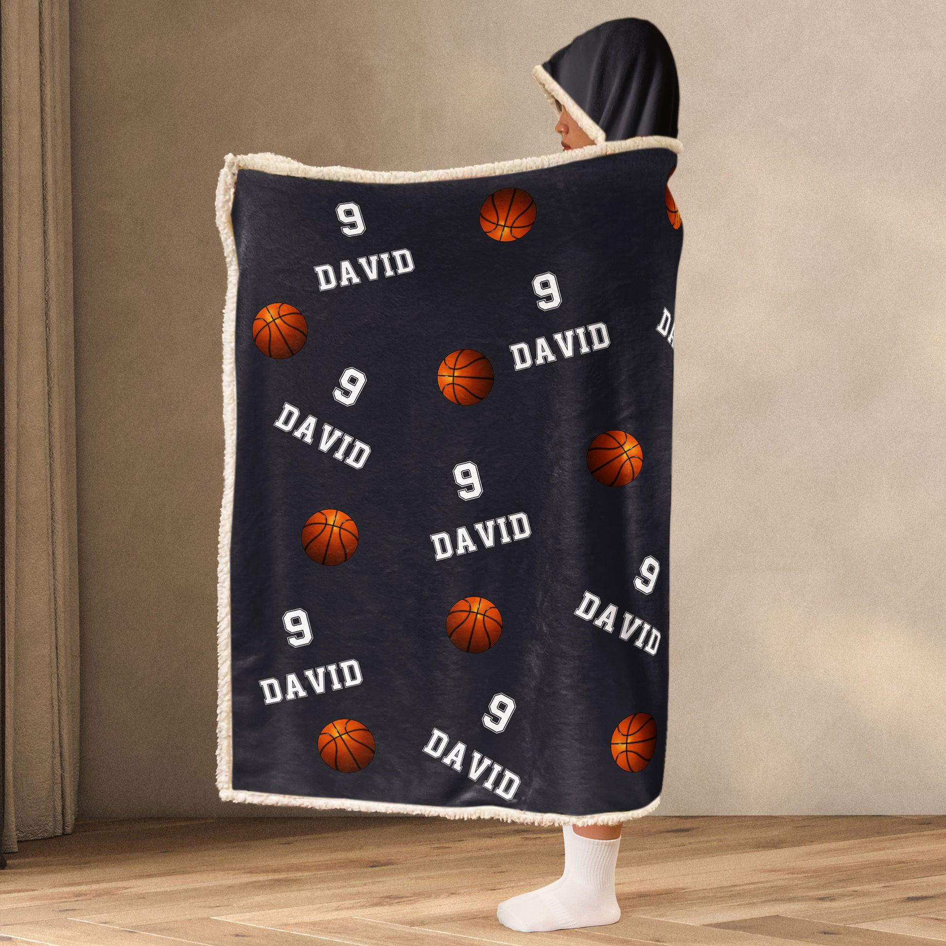 Personalized Wearable Hooded Blanket Basketball, Custom Number And Name, Warm Gift For Basketball Player Basketball Team Basketball Mom