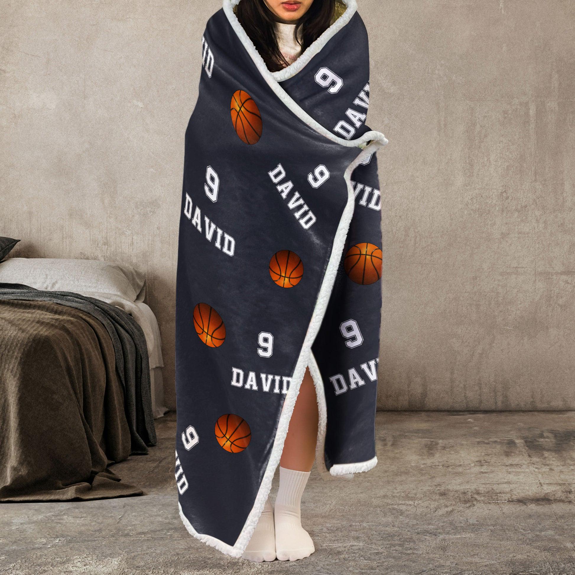 Personalized Wearable Hooded Blanket Basketball, Custom Number And Name, Warm Gift For Basketball Player Basketball Team Basketball Mom