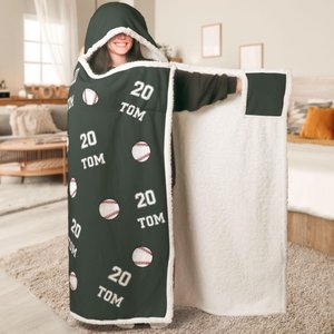 Baseball Personalized Wearable Hooded Blanket, Custom Name and Number, Gift For Kids Boys, Baseball Player Baseball Team Baseball Mom Gift