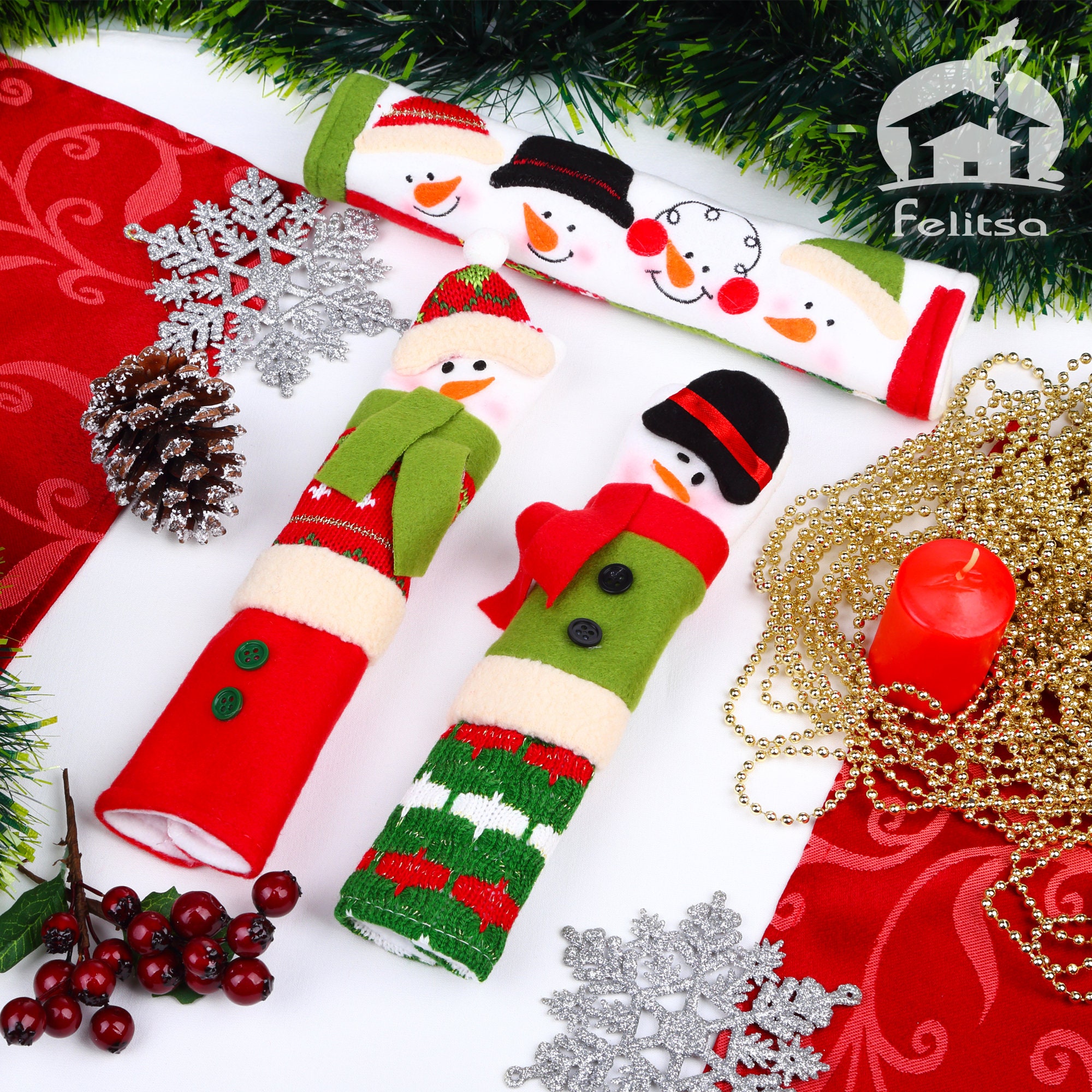 Snowman Christmas Decorations - Set of 3 Kitchen Handle Covers - Best Xmas Idea for Gift and Decor