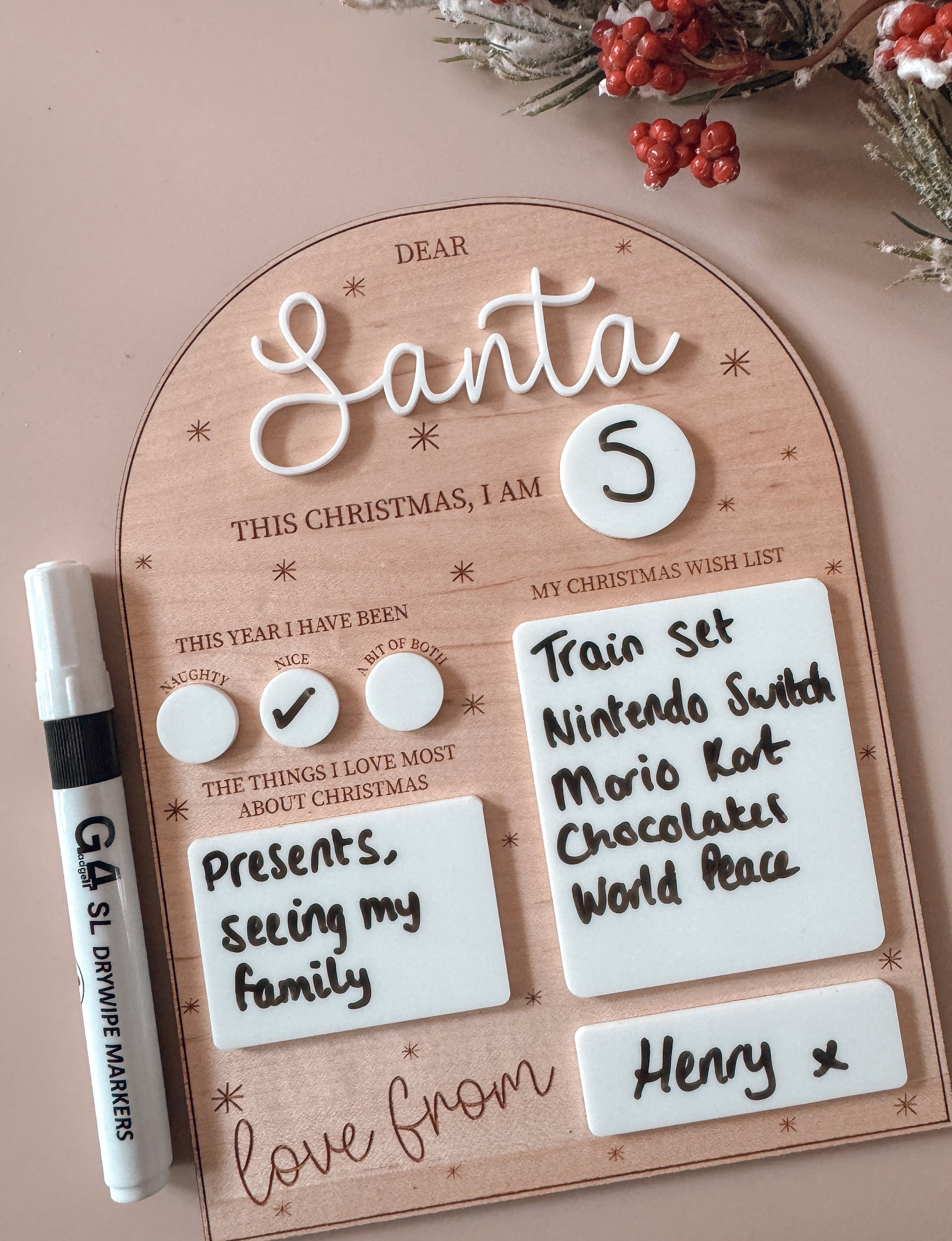 Reusable Dear Santa Letter Christmas Wish White Board Wood Acrylic