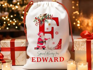 Christmas Santa Gift Bag for Kids Christmas, Custom Christmas Eve Bag, Sack for Christmas Presents, Holiday Gift Bag, Initial Snowman Secret