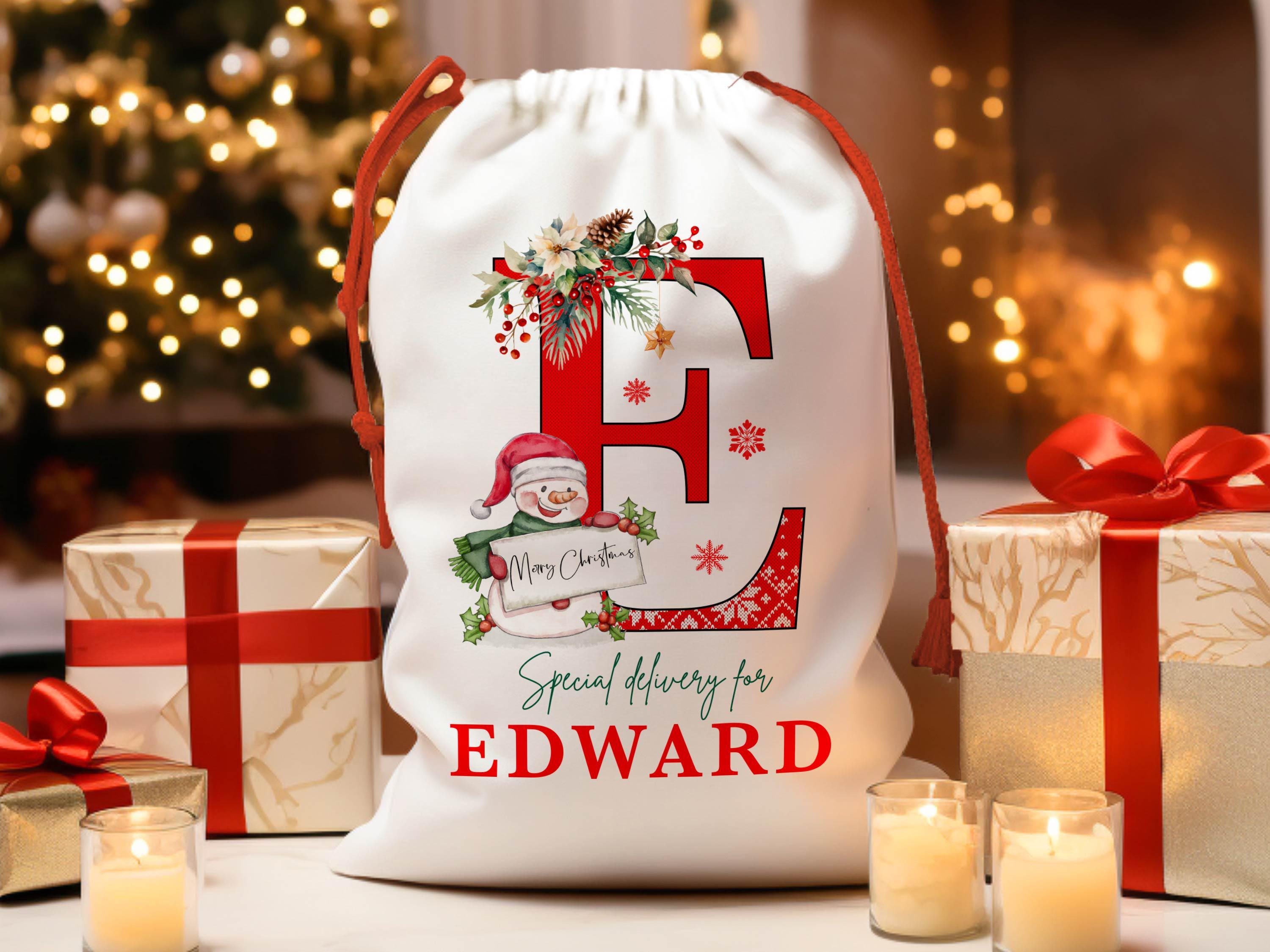 Christmas Santa Gift Bag for Kids Christmas, Custom Christmas Eve Bag, Sack for Christmas Presents, Holiday Gift Bag, Initial Snowman Secret