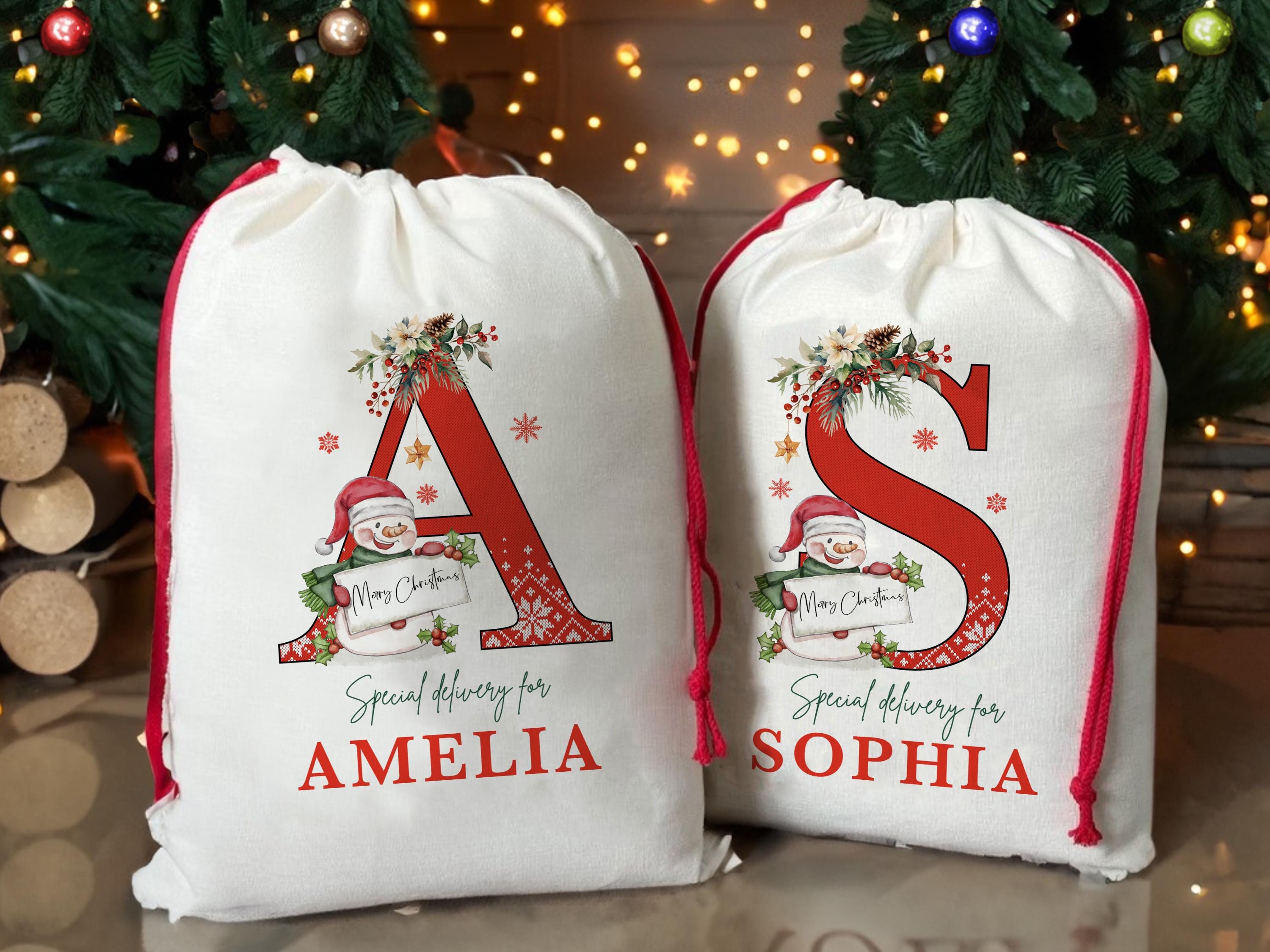 Christmas Santa Gift Bag for Kids Christmas, Custom Christmas Eve Bag, Sack for Christmas Presents, Holiday Gift Bag, Initial Snowman Secret