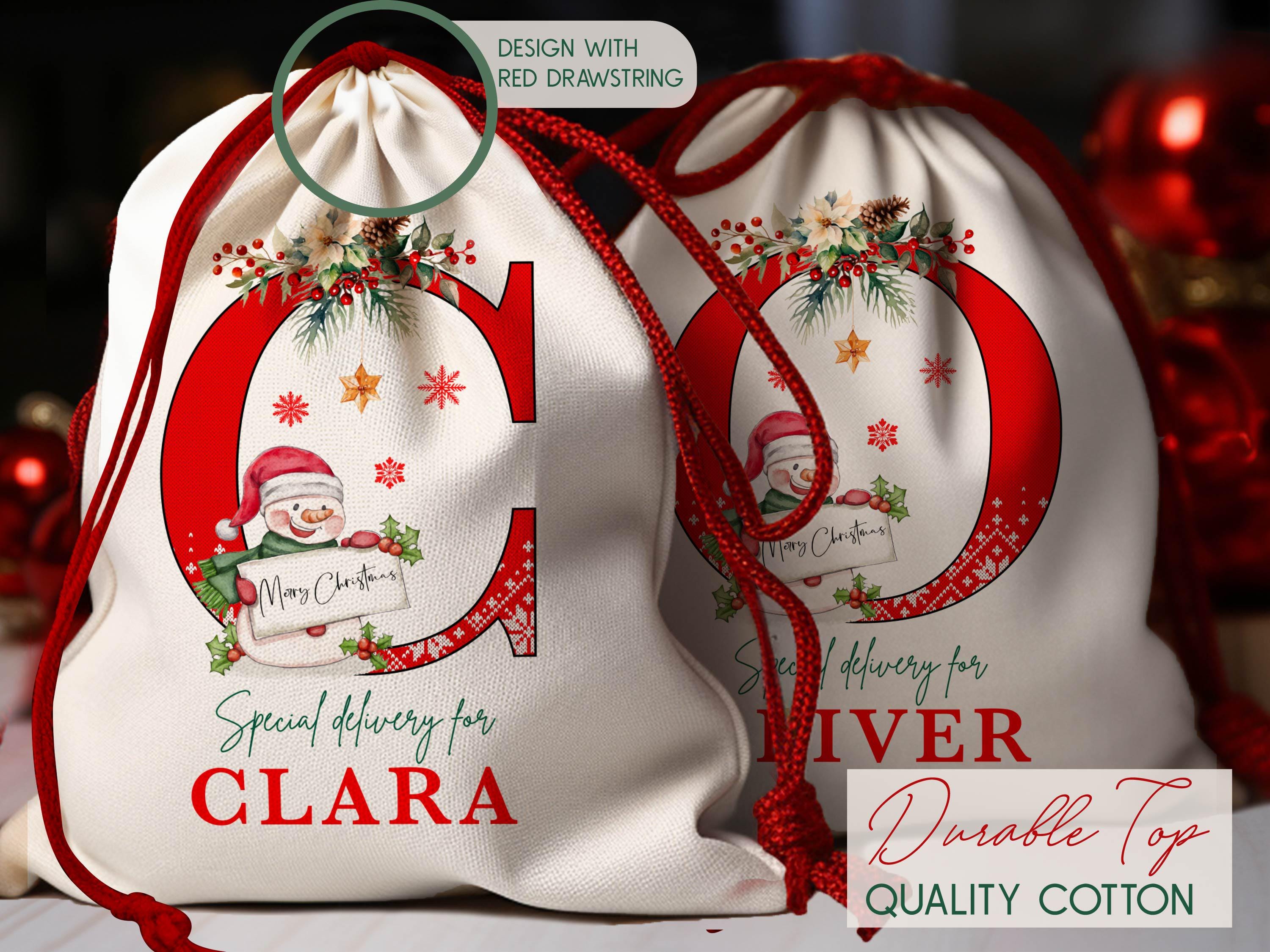 Christmas Santa Gift Bag for Kids Christmas, Custom Christmas Eve Bag, Sack for Christmas Presents, Holiday Gift Bag, Initial Snowman Secret