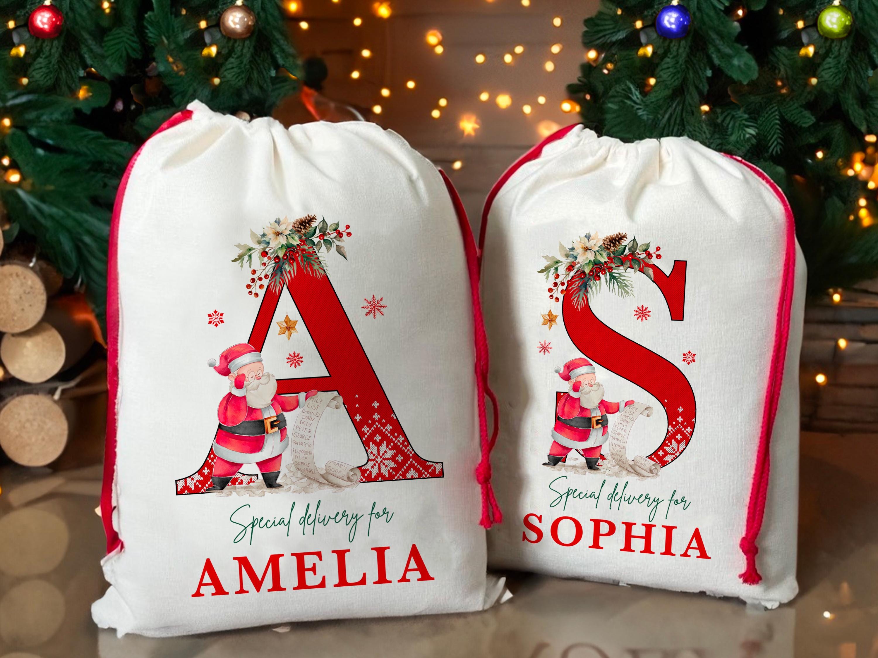 Christmas Santa Gift Bag for Kids Christmas, Custom Christmas Eve Bag, Sack for Christmas Presents, Holiday Gift Bag, Initial Snowman Secret